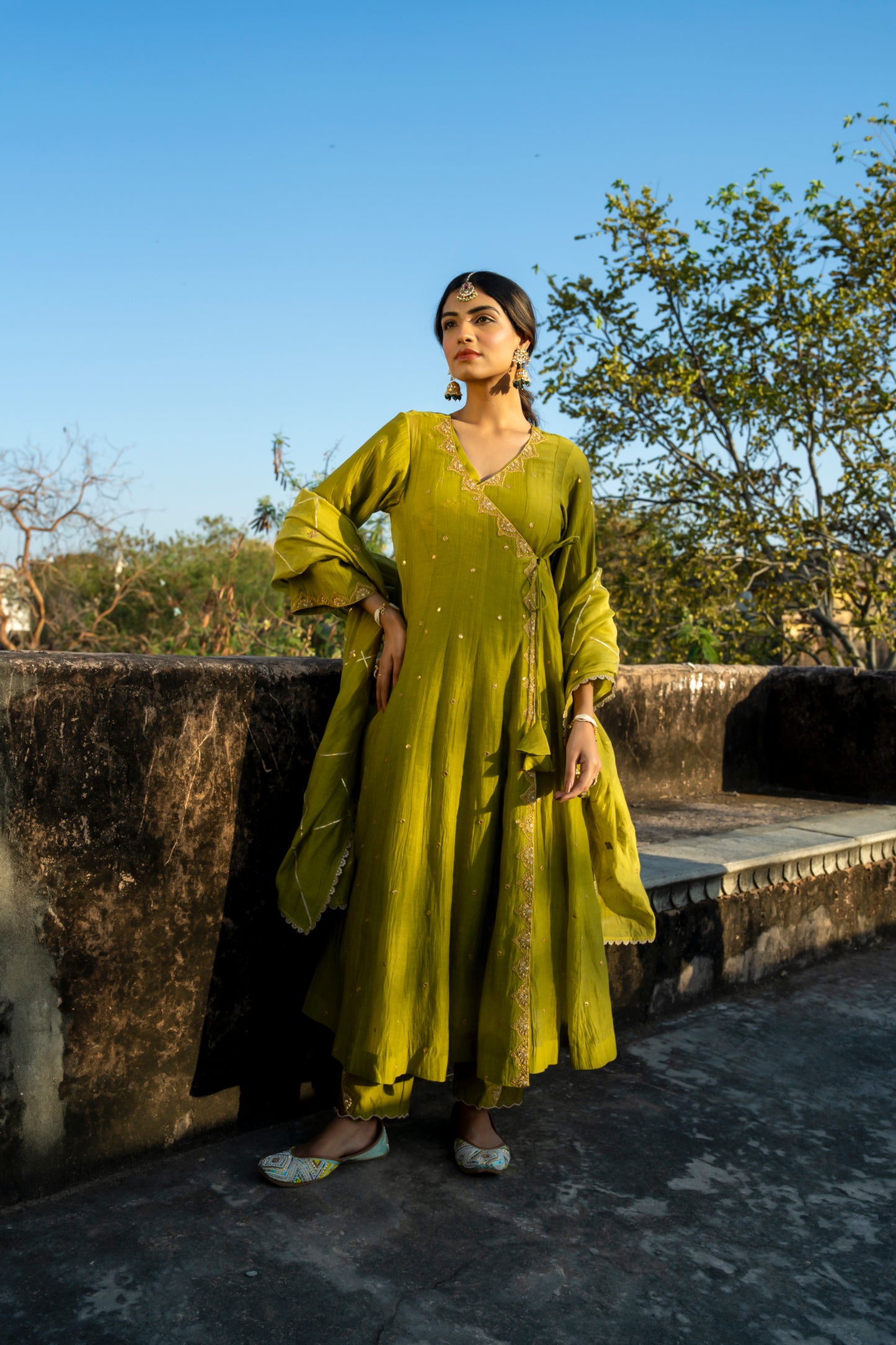 Green Chanderi Angrakha set with Dabka work