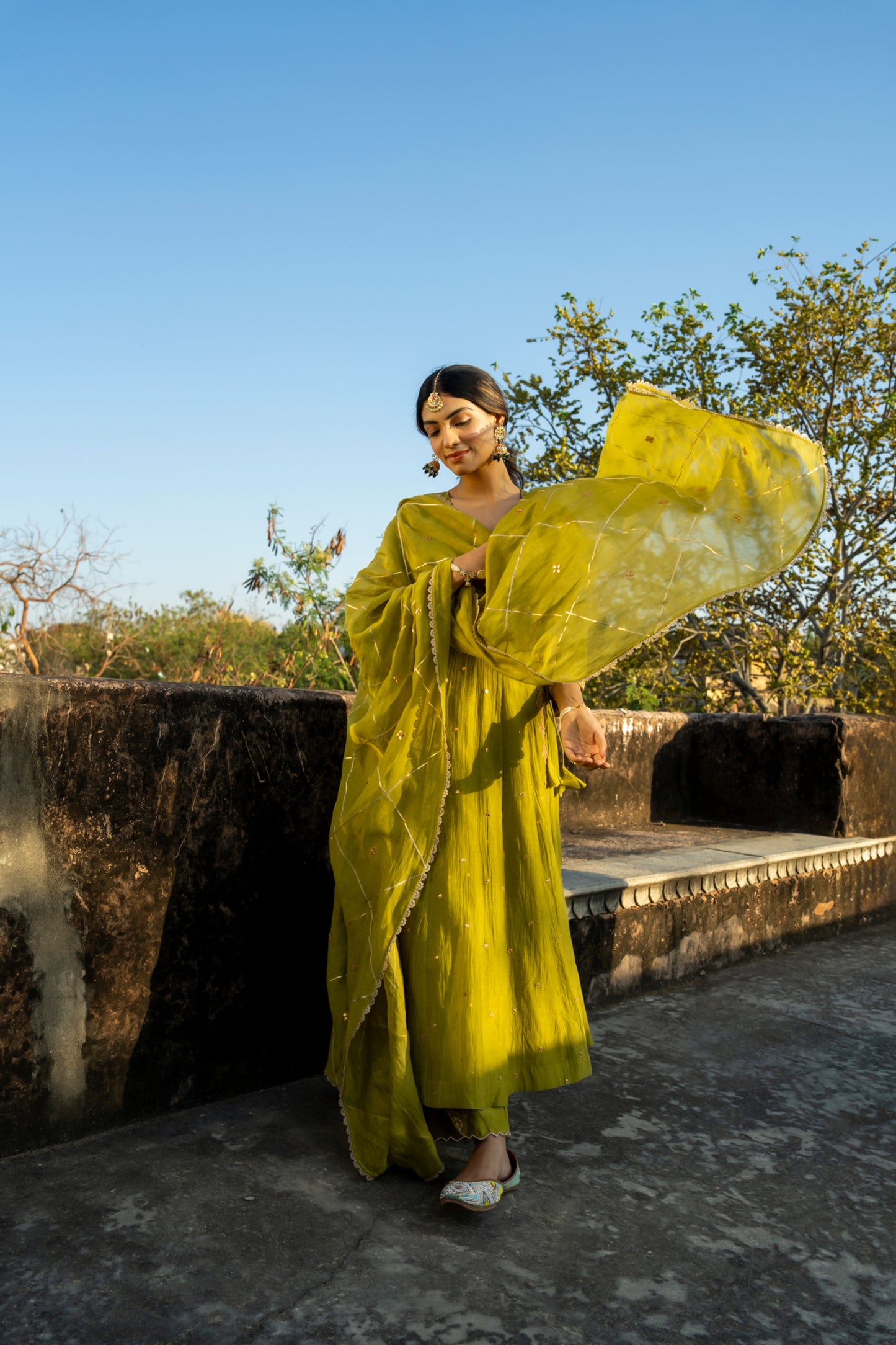 Green Chanderi Angrakha set with Dabka work