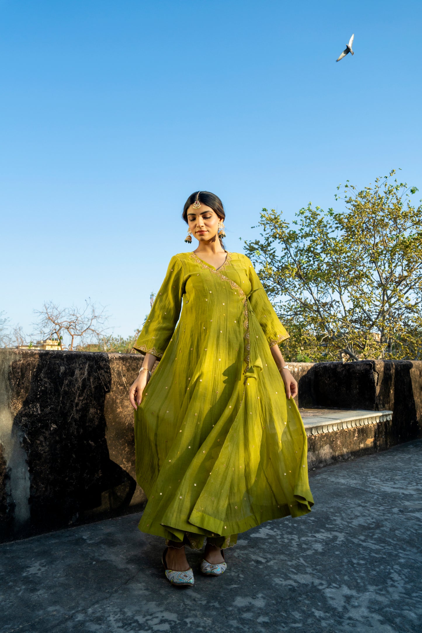 Green Chanderi Angrakha set with Dabka work
