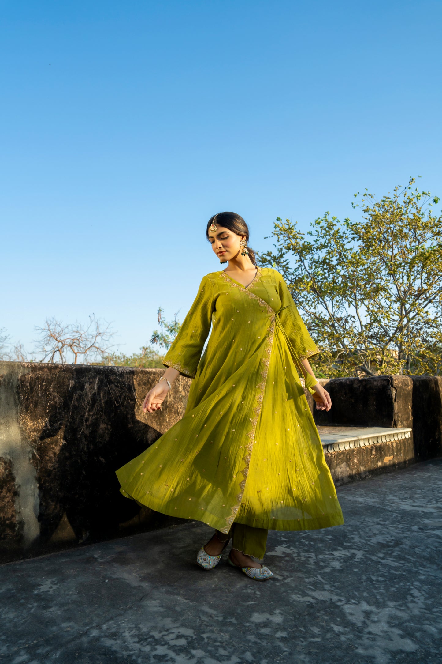 Green Chanderi Angrakha set with Dabka work