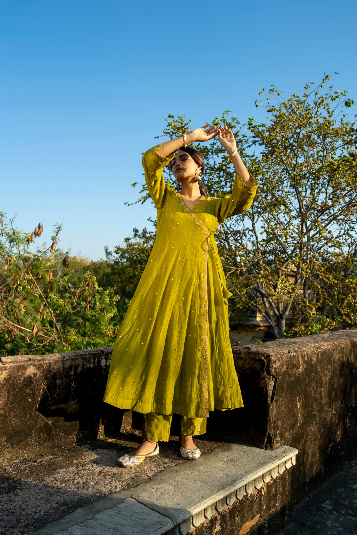 Green Chanderi Angrakha set with Dabka work
