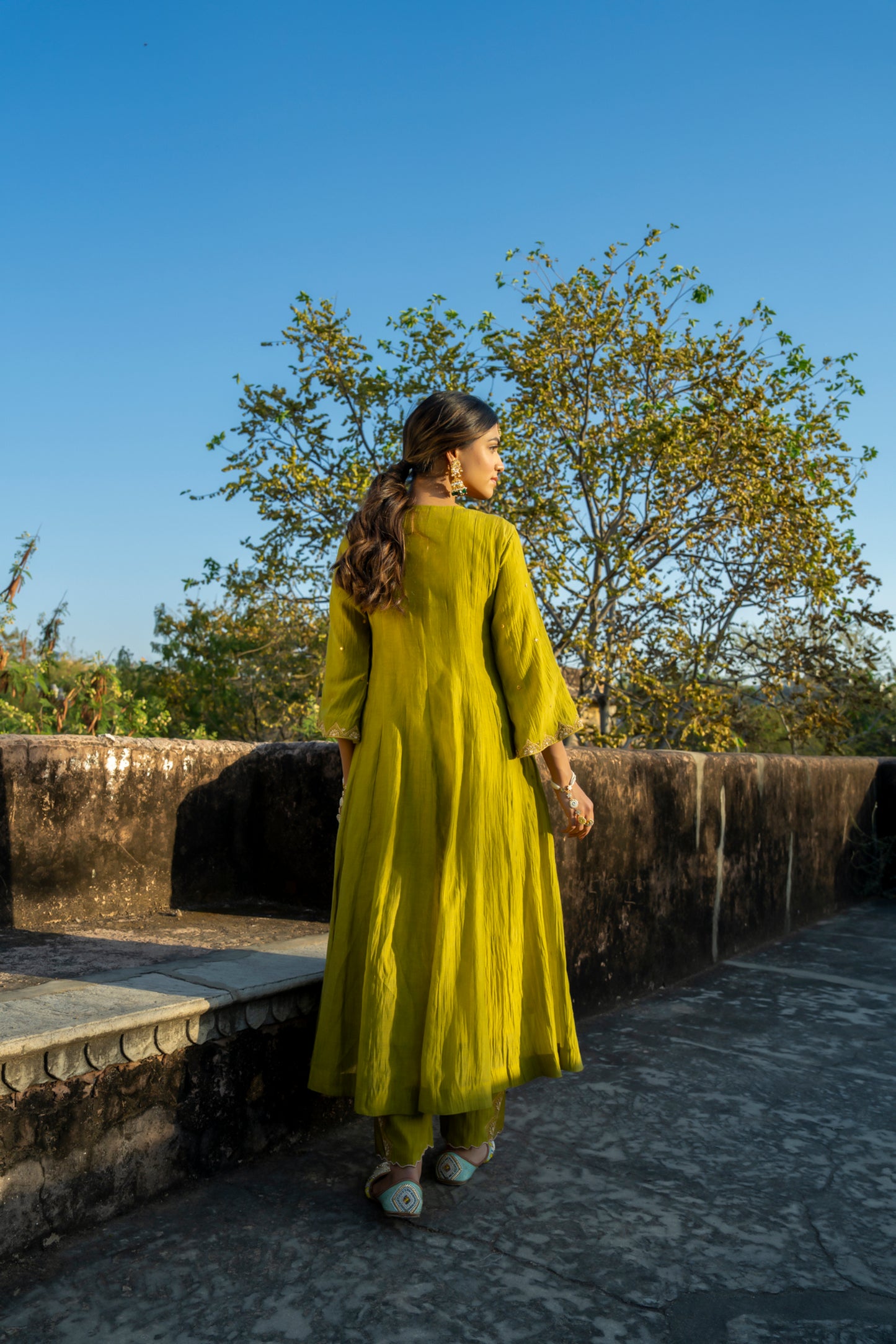 Green Chanderi Angrakha set with Dabka work