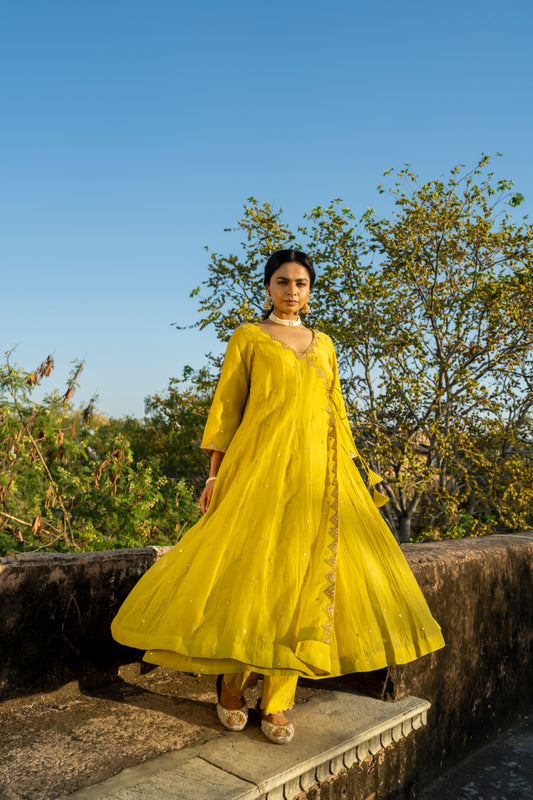 Yellow Chanderi Angrakha set with Dabka work