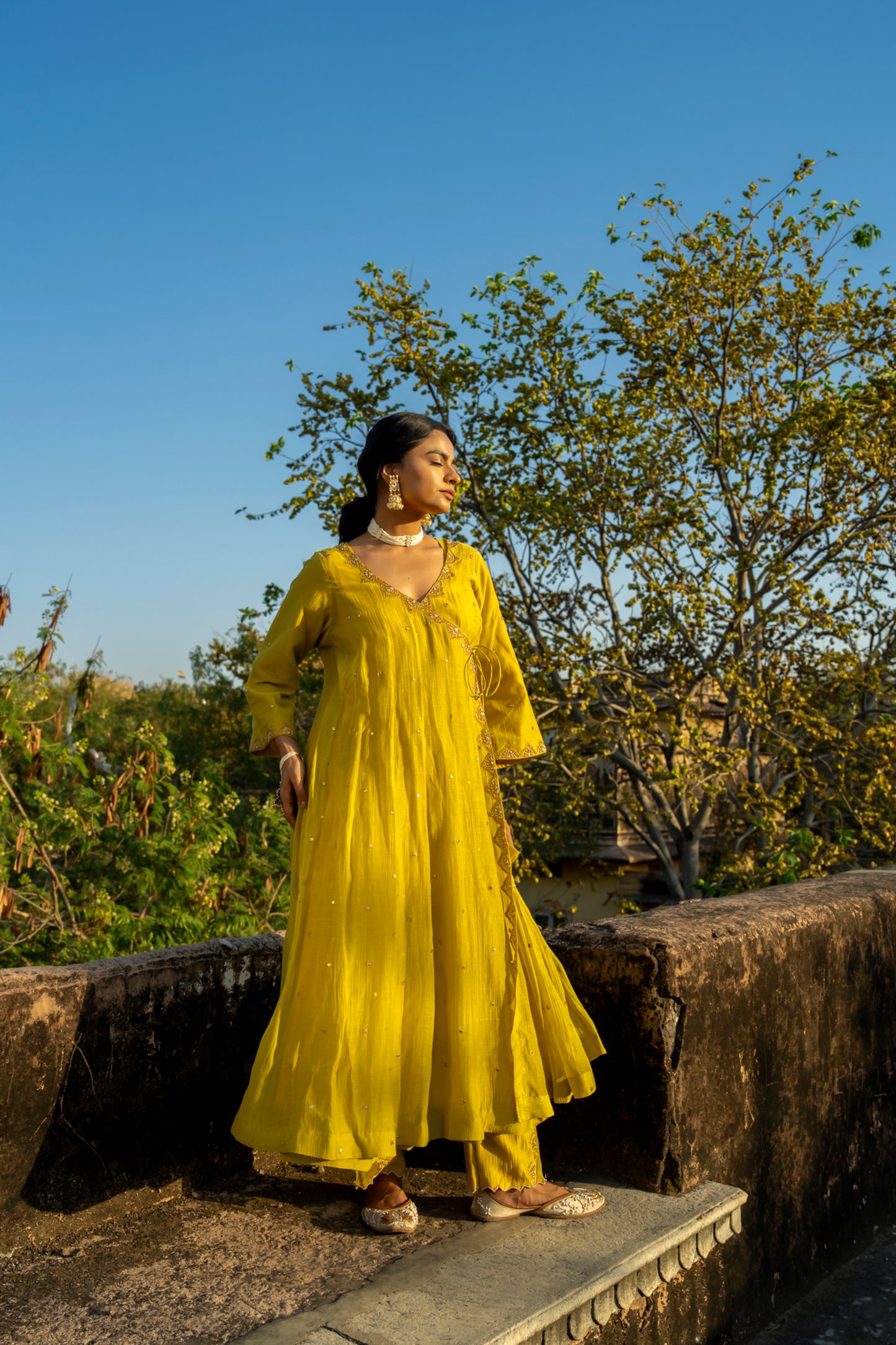 Yellow Chanderi Angrakha set with Dabka work