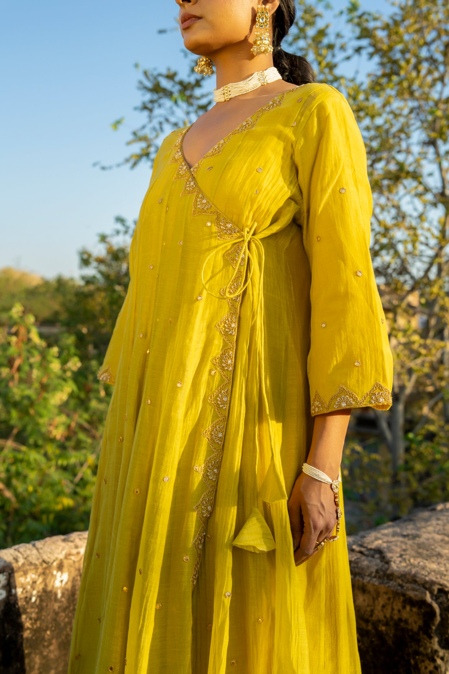 Yellow Chanderi Angrakha set with Dabka work