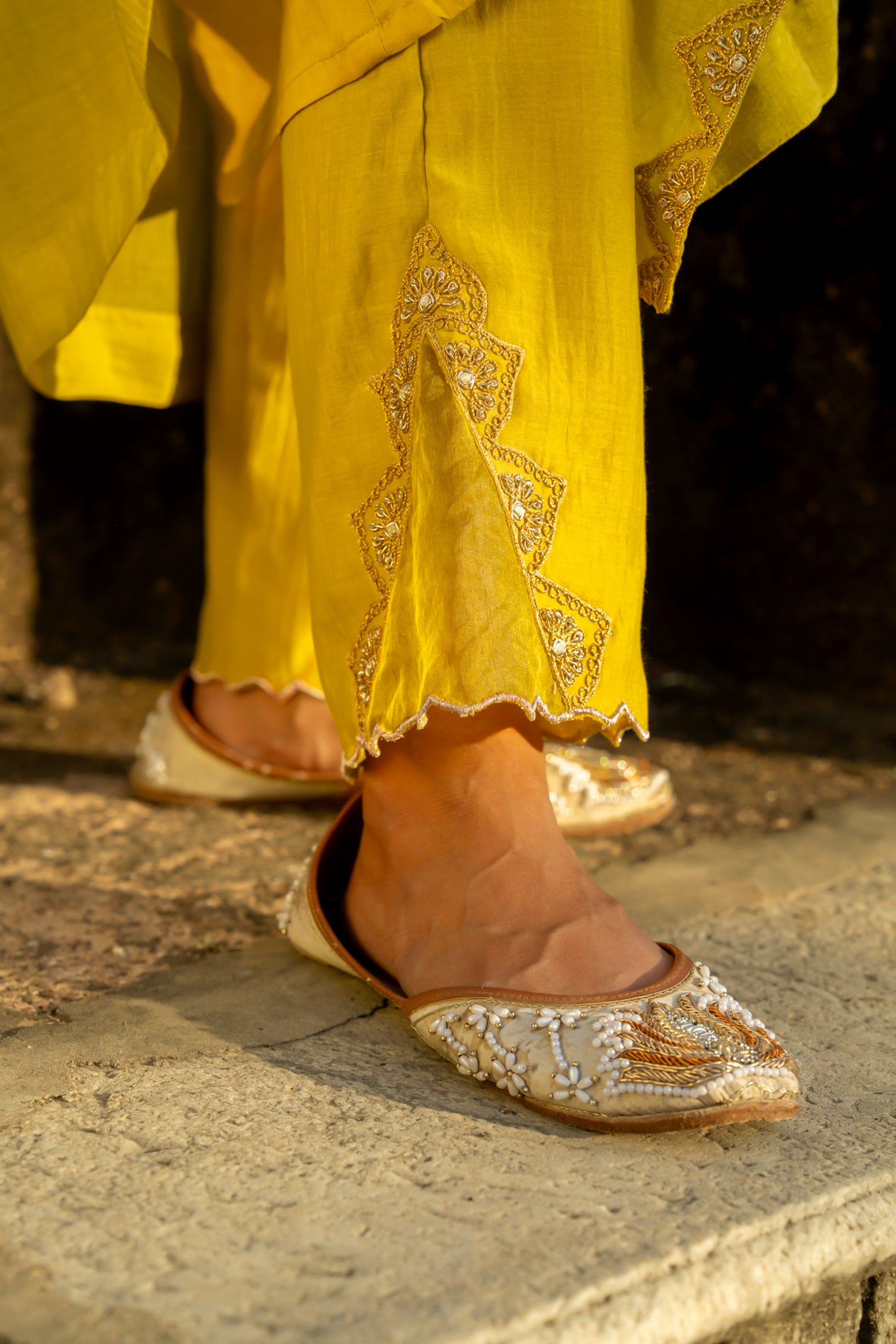 Yellow Chanderi Angrakha set with Dabka work