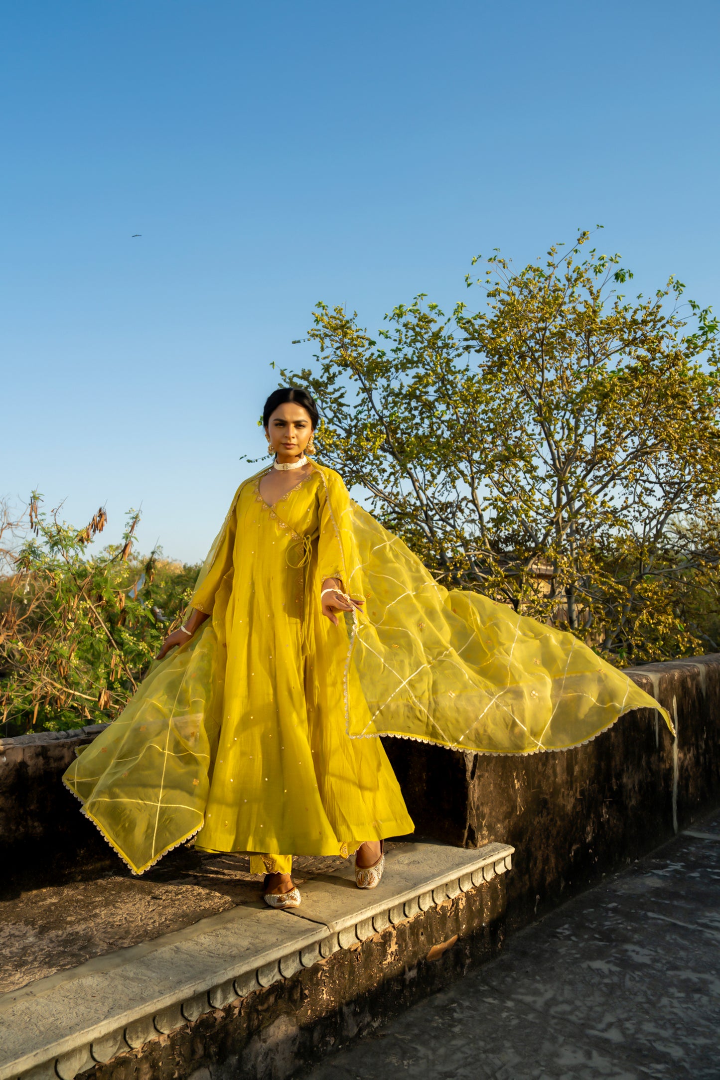 Yellow Chanderi Angrakha set with Dabka work