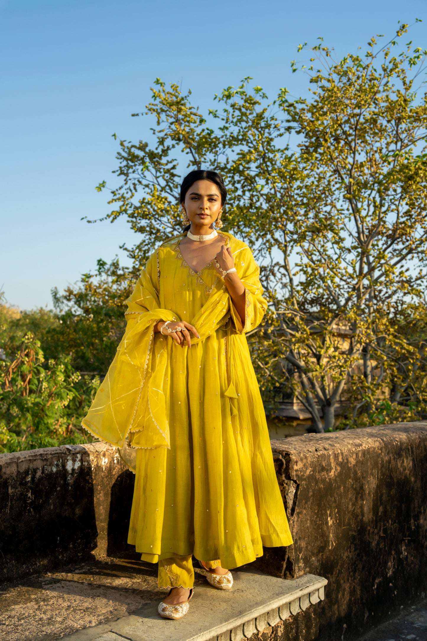 Yellow Chanderi Angrakha set with Dabka work