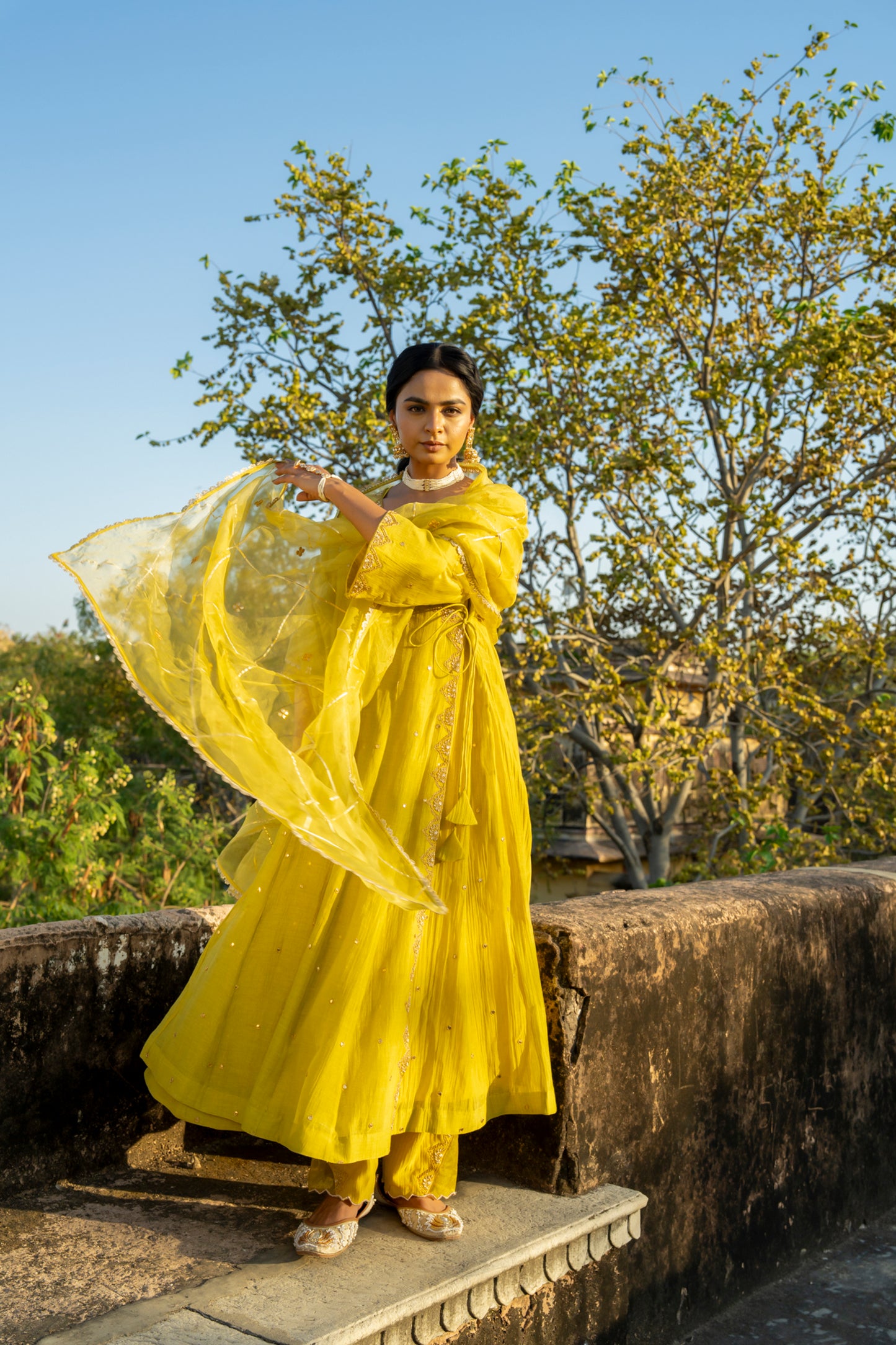Yellow Chanderi Angrakha set with Dabka work