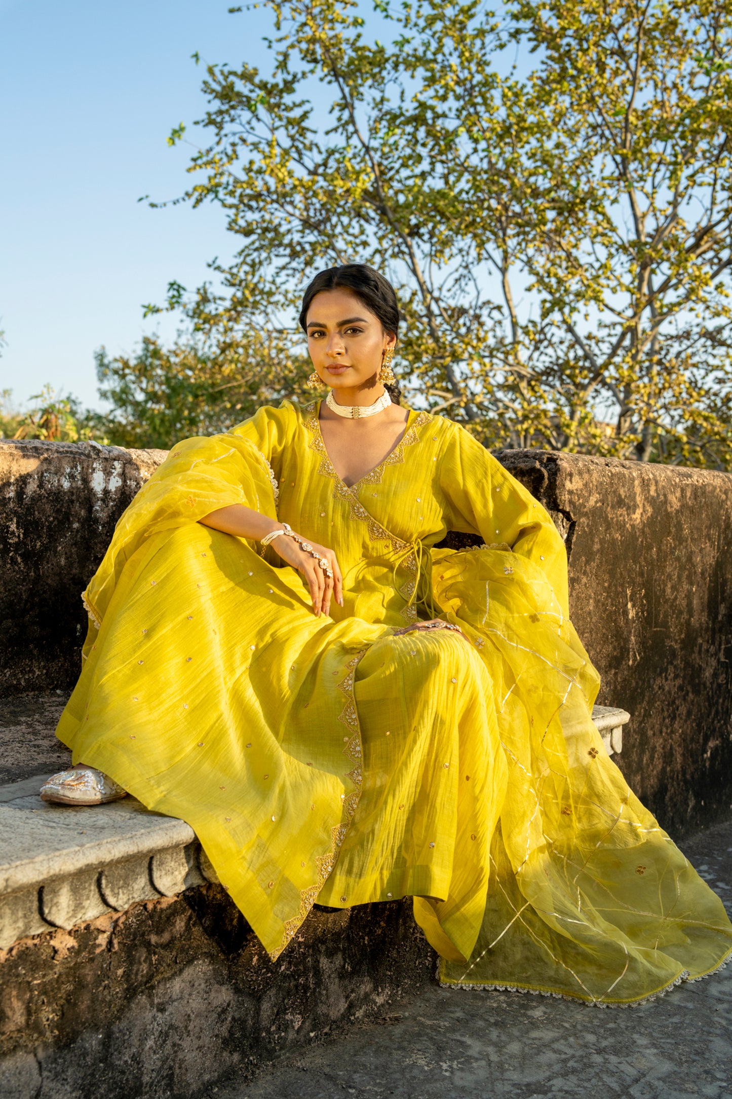 Yellow Chanderi Angrakha set with Dabka work