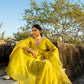 Yellow Chanderi Angrakha set with Dabka work