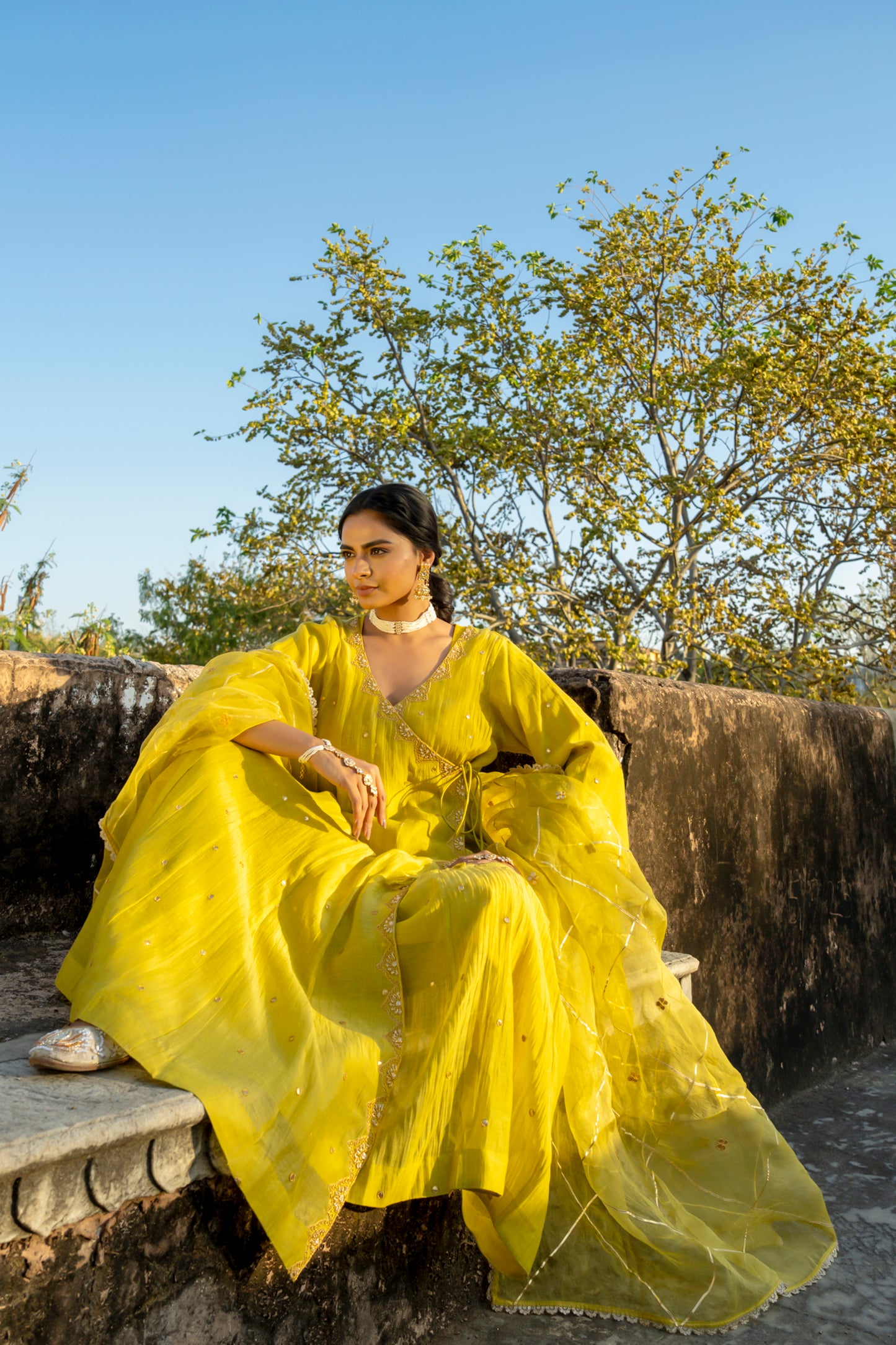 Yellow Chanderi Angrakha set with Dabka work