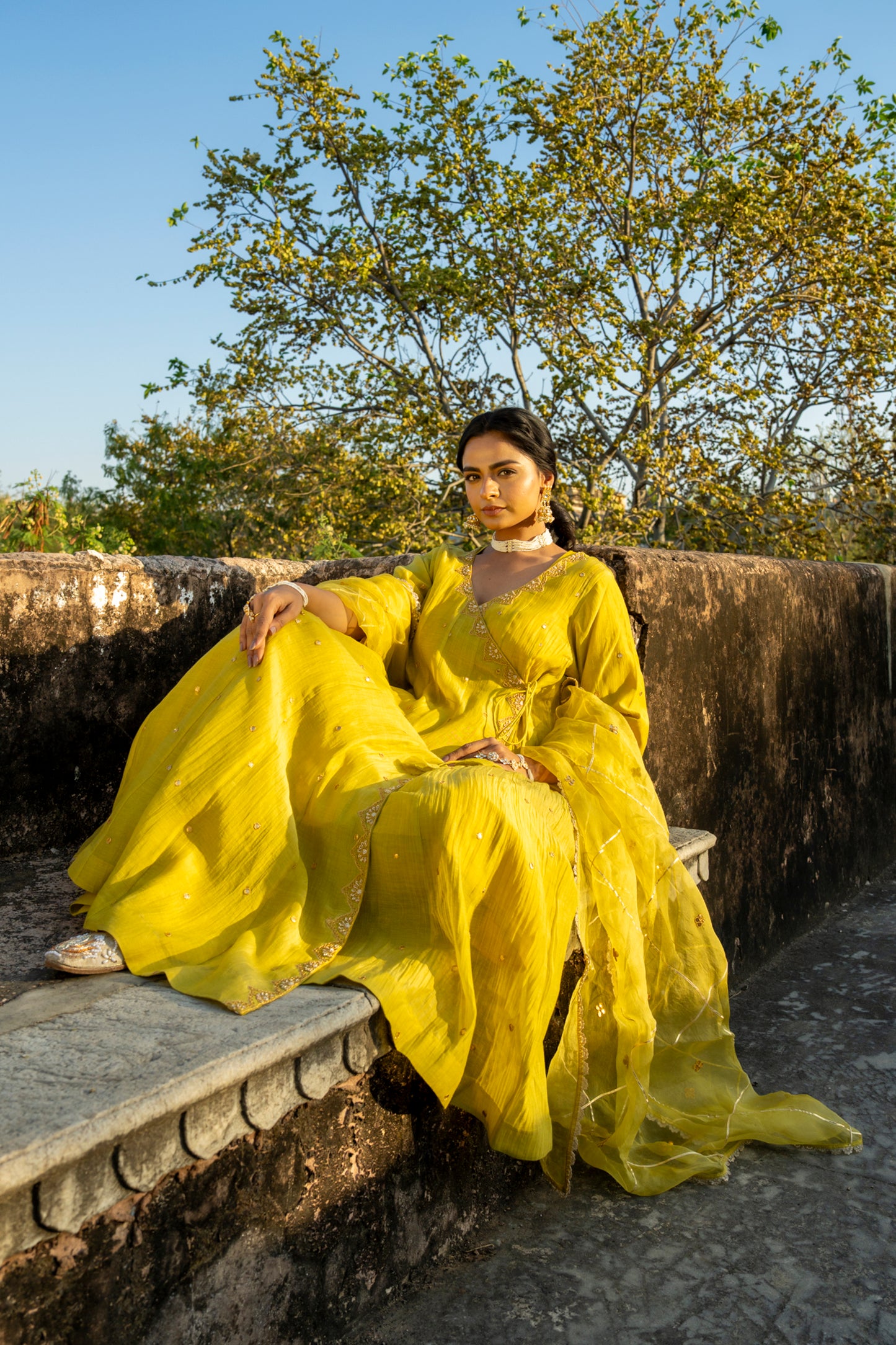 Yellow Chanderi Angrakha set with Dabka work