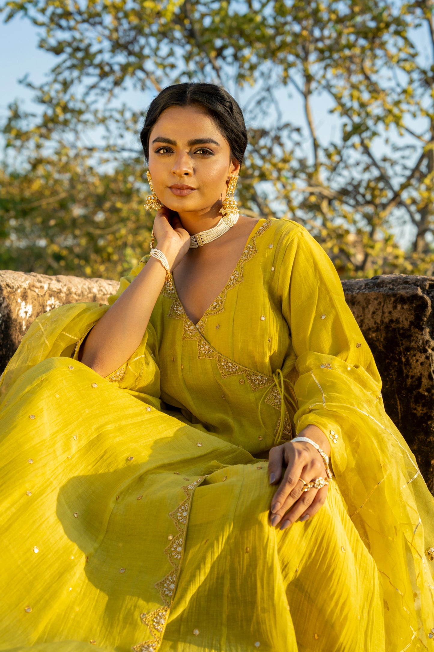 Yellow Chanderi Angrakha set with Dabka work