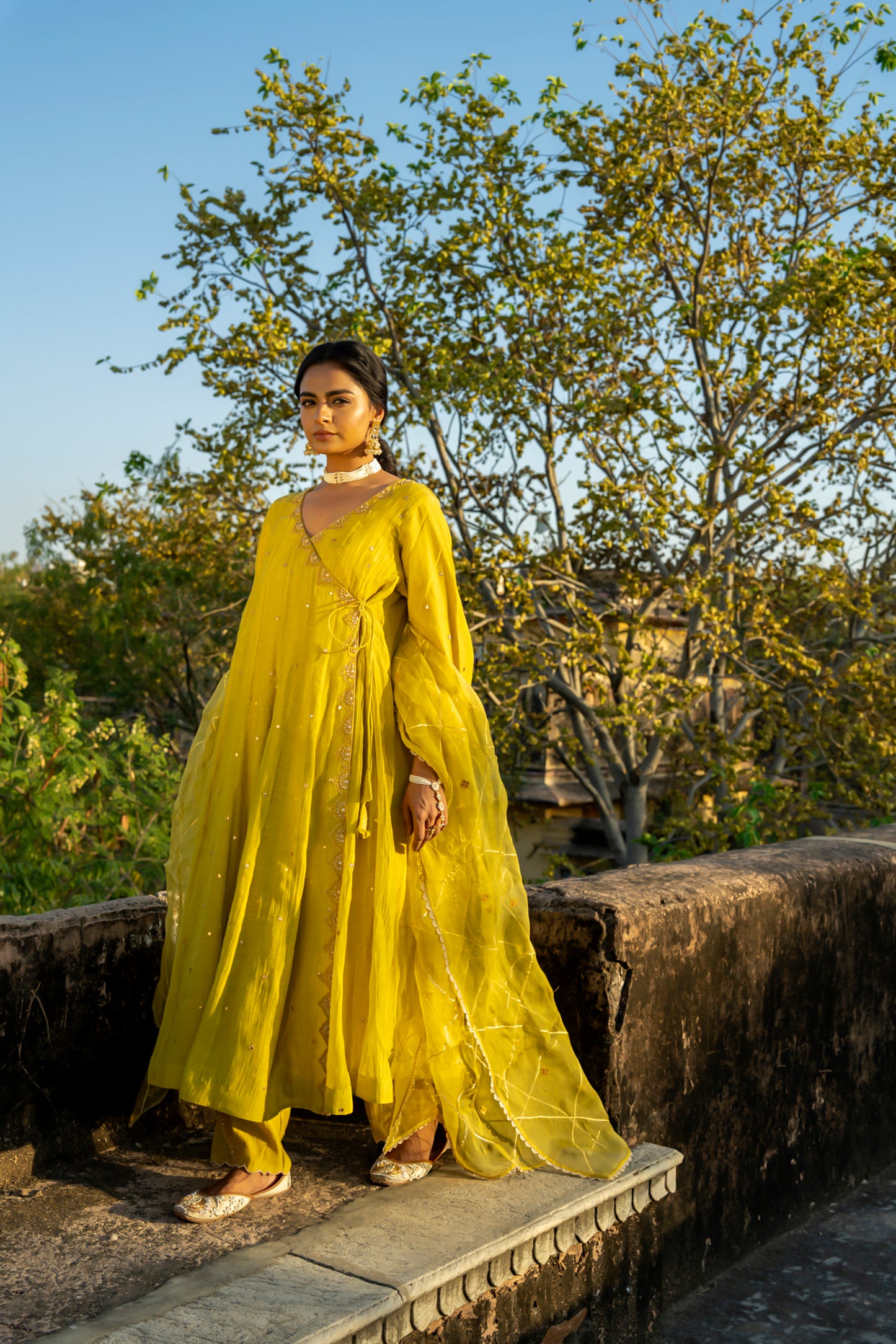 Yellow Chanderi Angrakha set with Dabka work