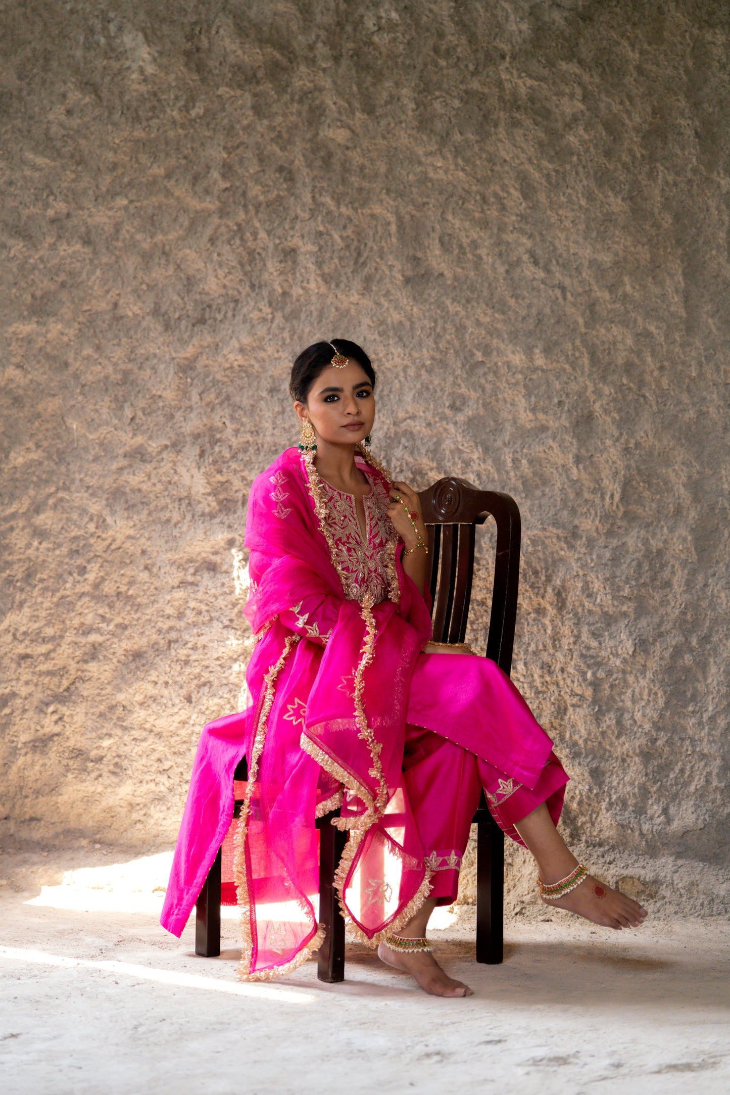 Fuschia Pink Silk Kurta Set with Heavy Dori and Dabka Work