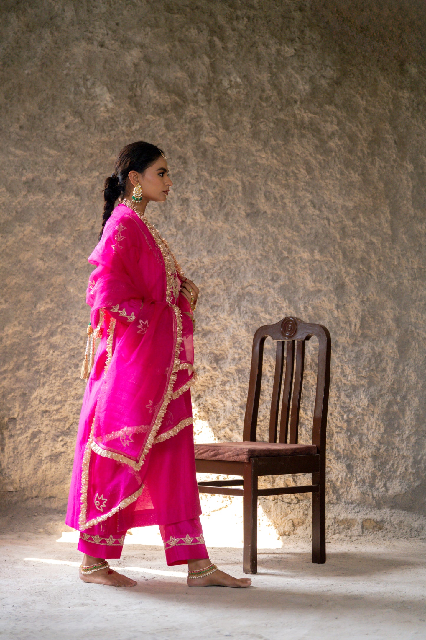 Fuschia Pink Silk Kurta Set with Heavy Dori and Dabka Work
