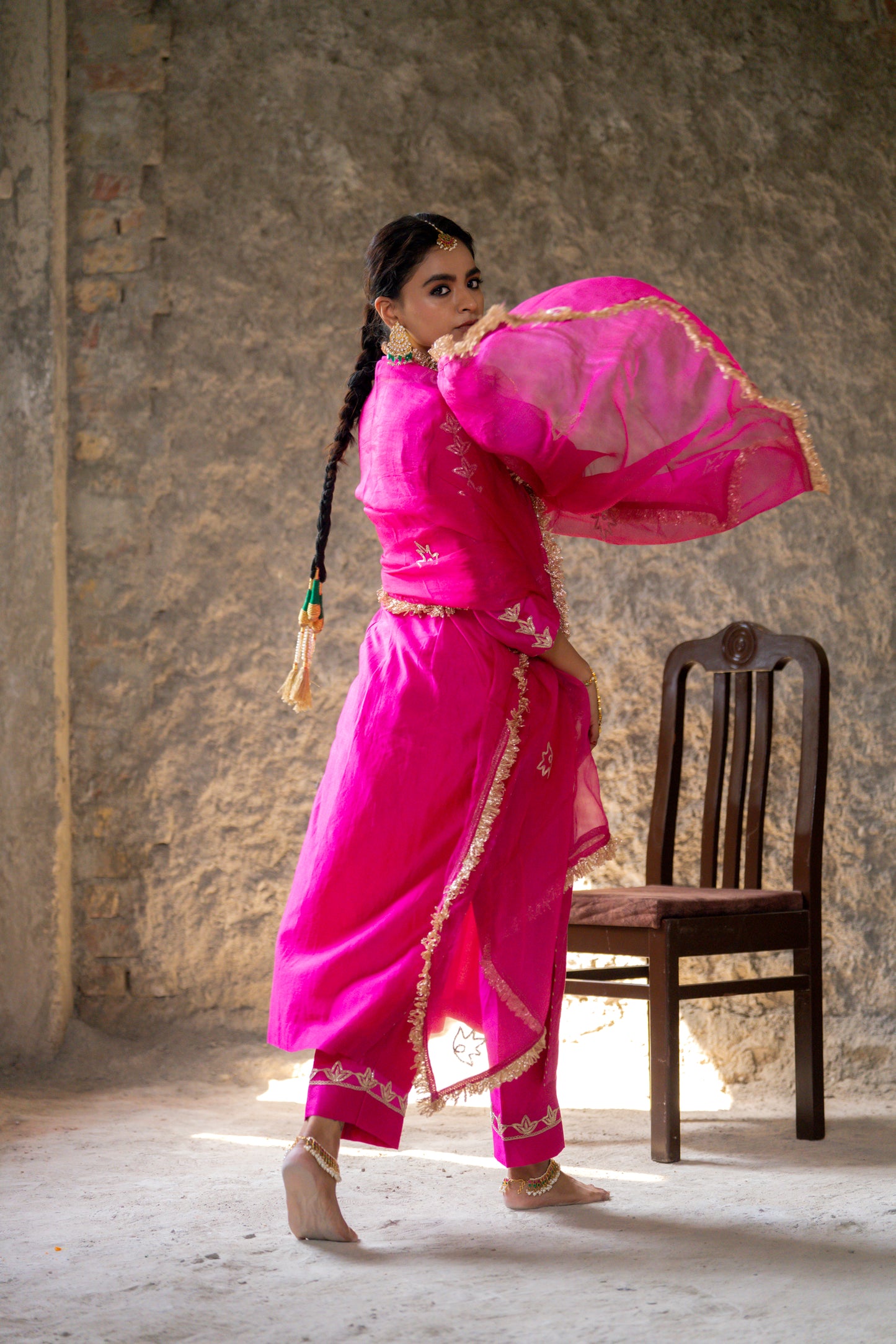Fuschia Pink Silk Kurta Set with Heavy Dori and Dabka Work