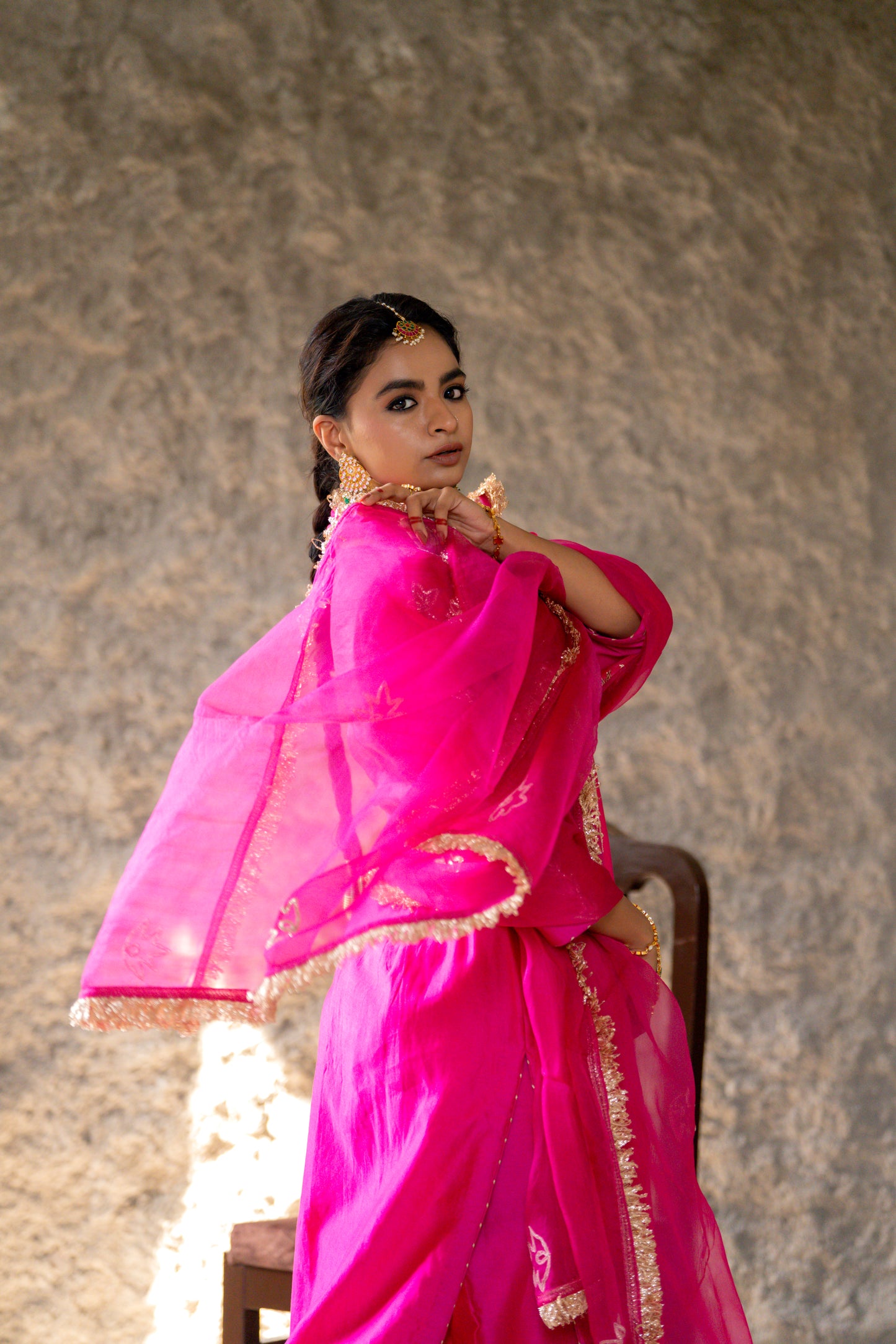 Fuschia Pink Silk Kurta Set with Heavy Dori and Dabka Work