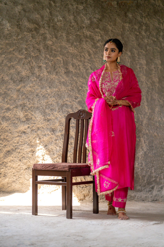Fuschia Pink Silk Kurta Set with Heavy Dori and Dabka Work