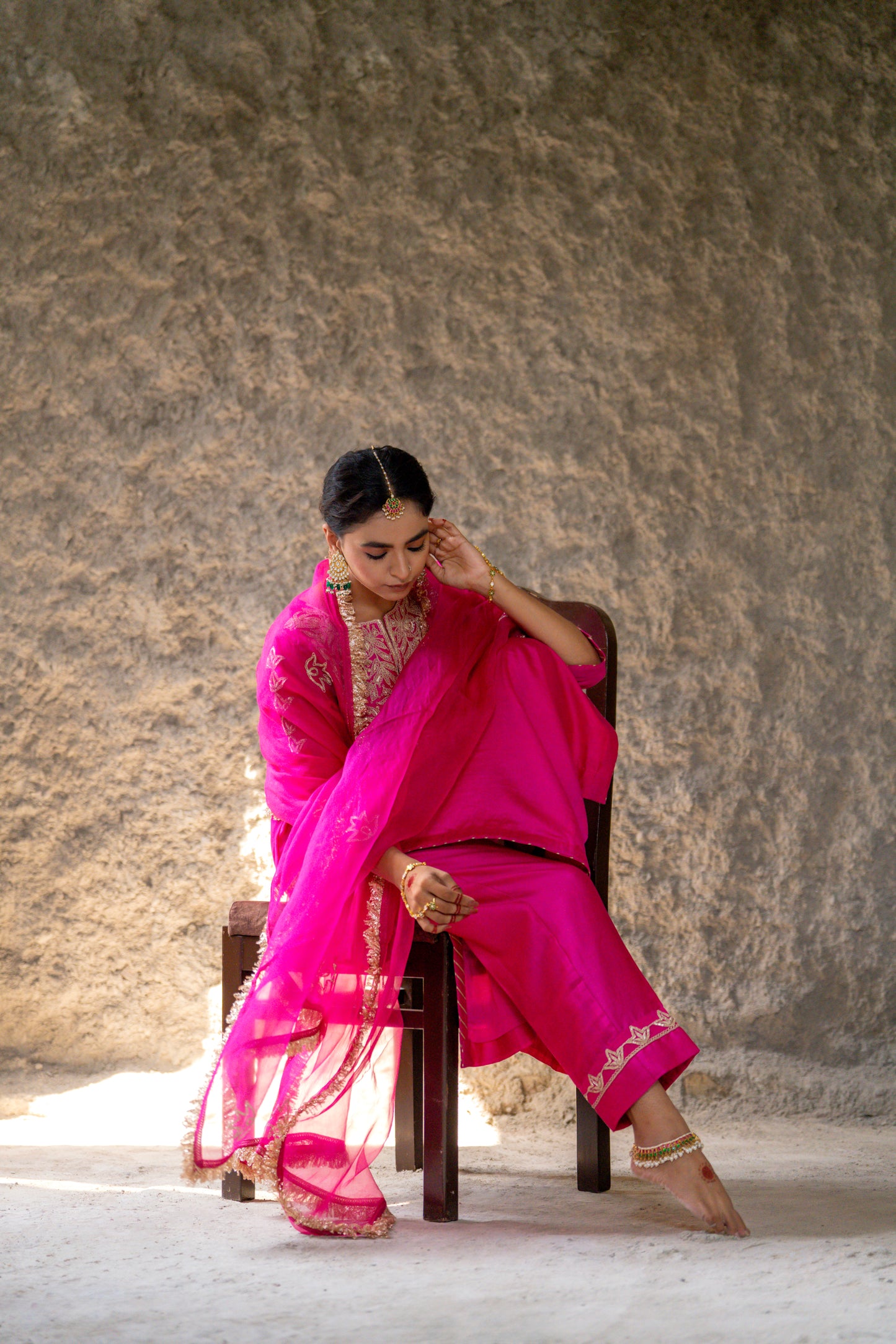 Fuschia Pink Silk Kurta Set with Heavy Dori and Dabka Work