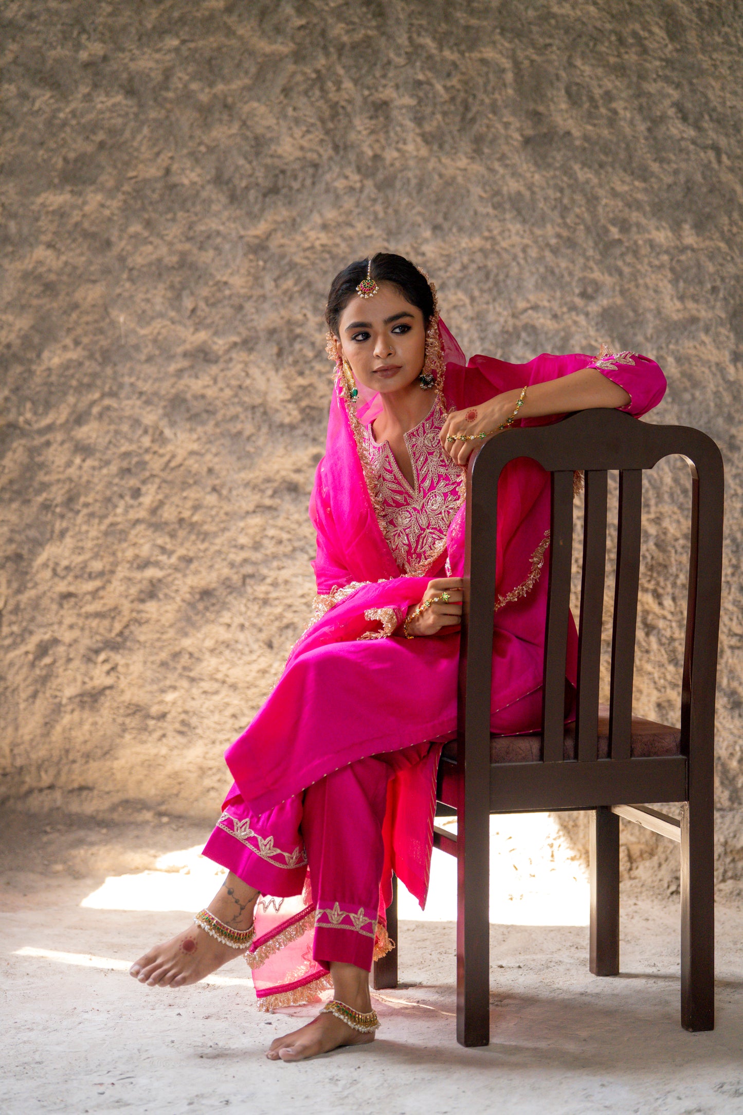 Fuschia Pink Silk Kurta Set with Heavy Dori and Dabka Work