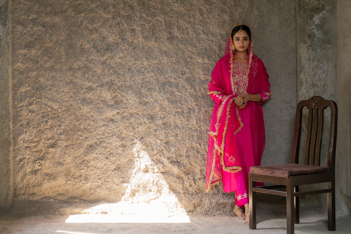 Fuschia Pink Silk Kurta Set with Heavy Dori and Dabka Work