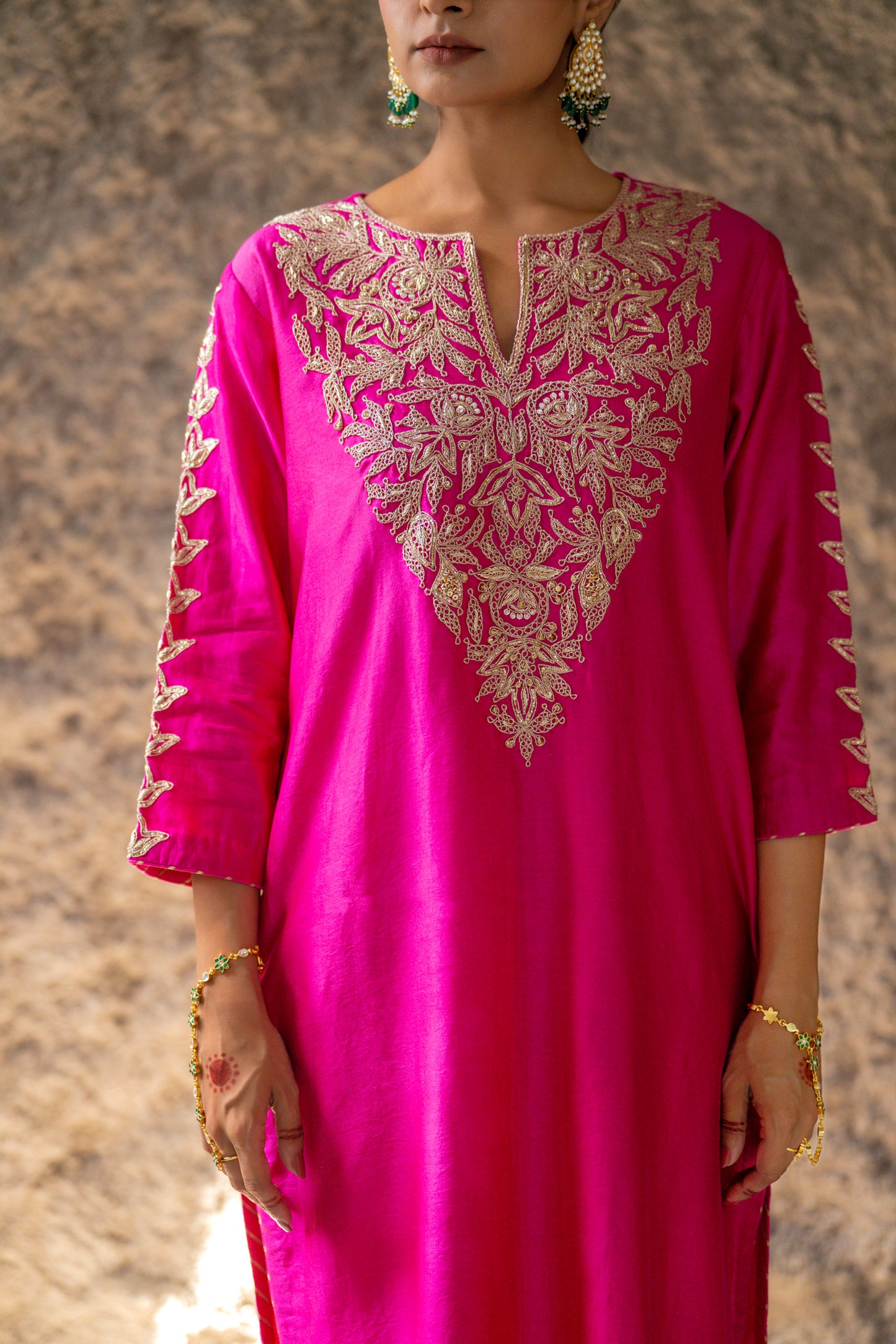 Fuschia Pink Silk Kurta Set with Heavy Dori and Dabka Work