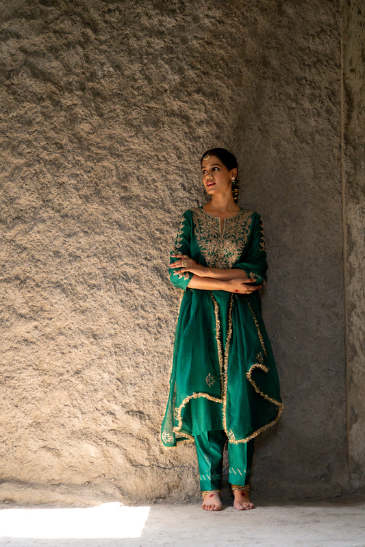 Green Silk Kurta Set with Heavy Dori and Dabka Work