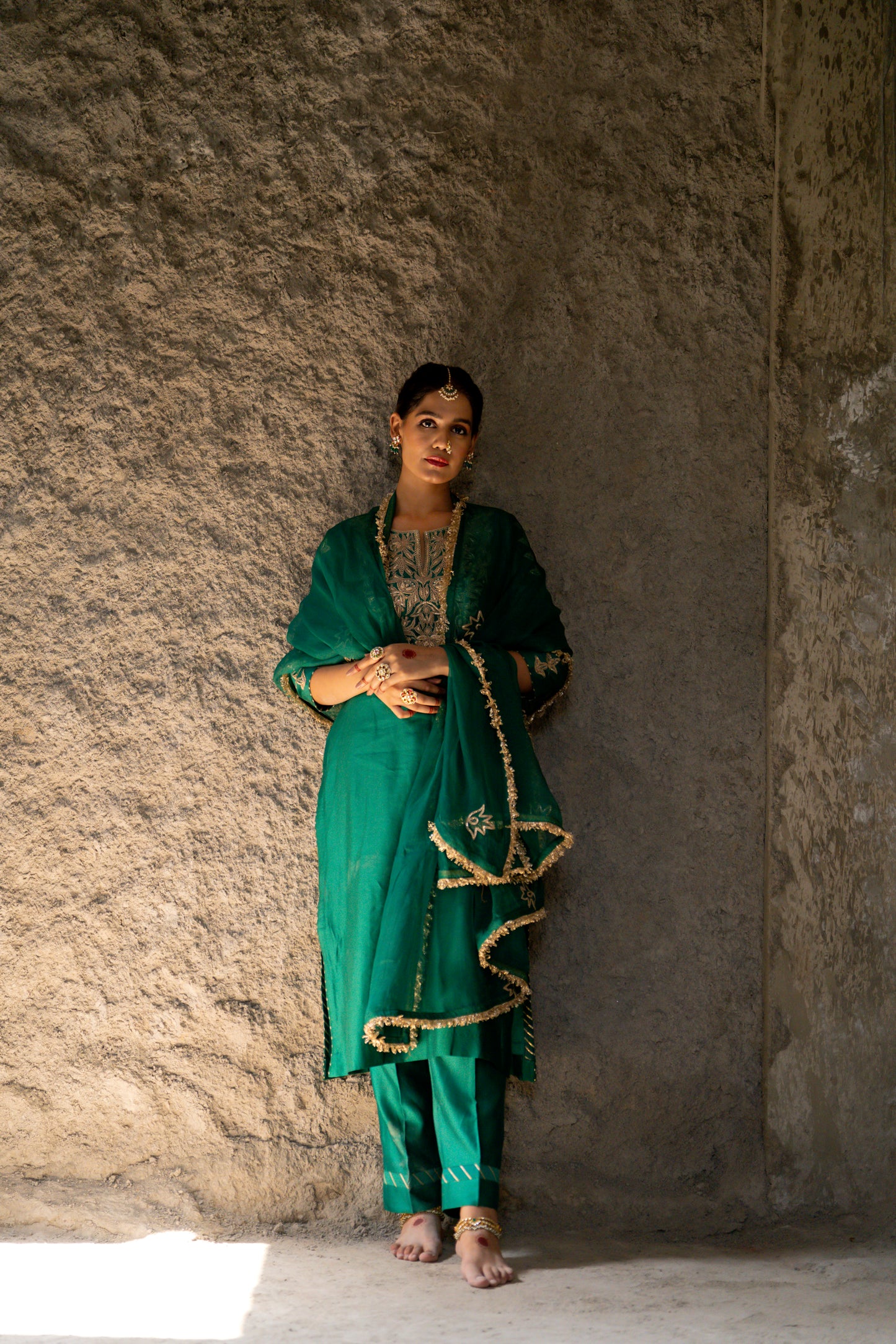 Green Silk Kurta Set with Heavy Dori and Dabka Work