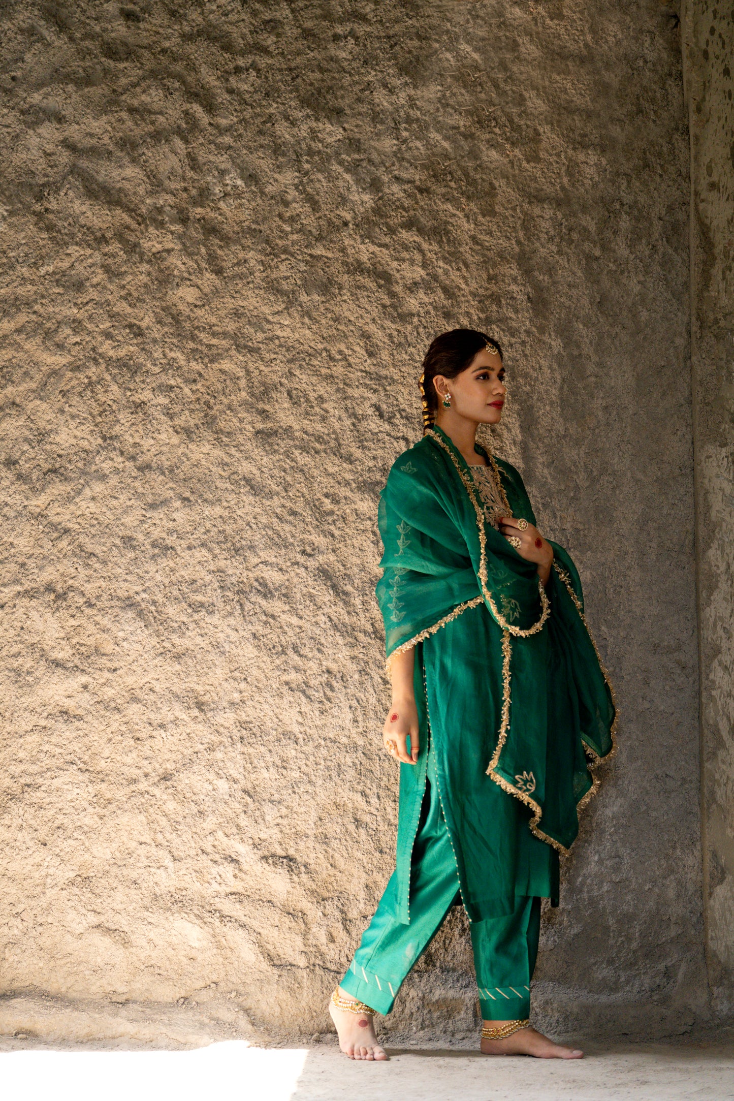 Green Silk Kurta Set with Heavy Dori and Dabka Work
