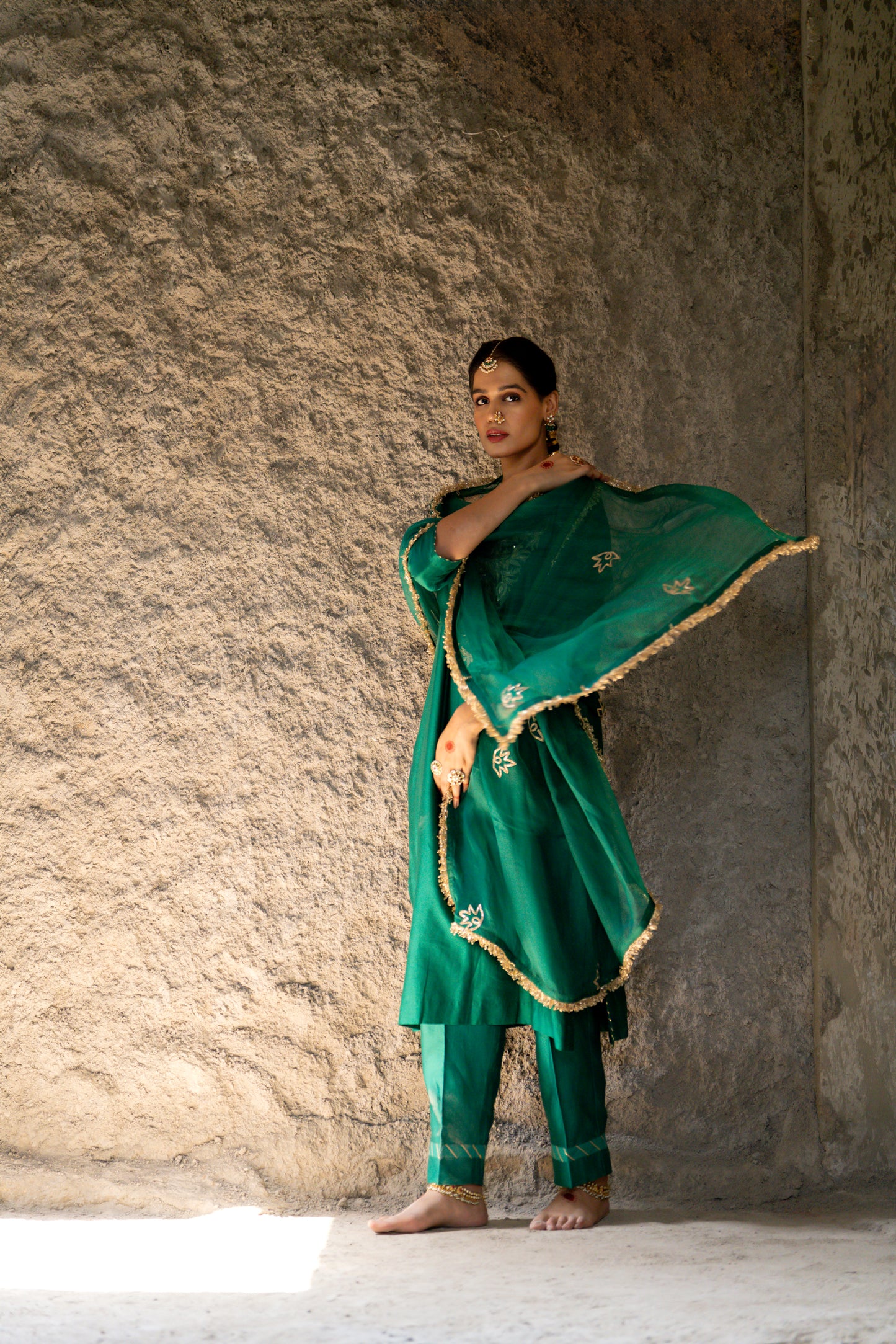 Green Silk Kurta Set with Heavy Dori and Dabka Work