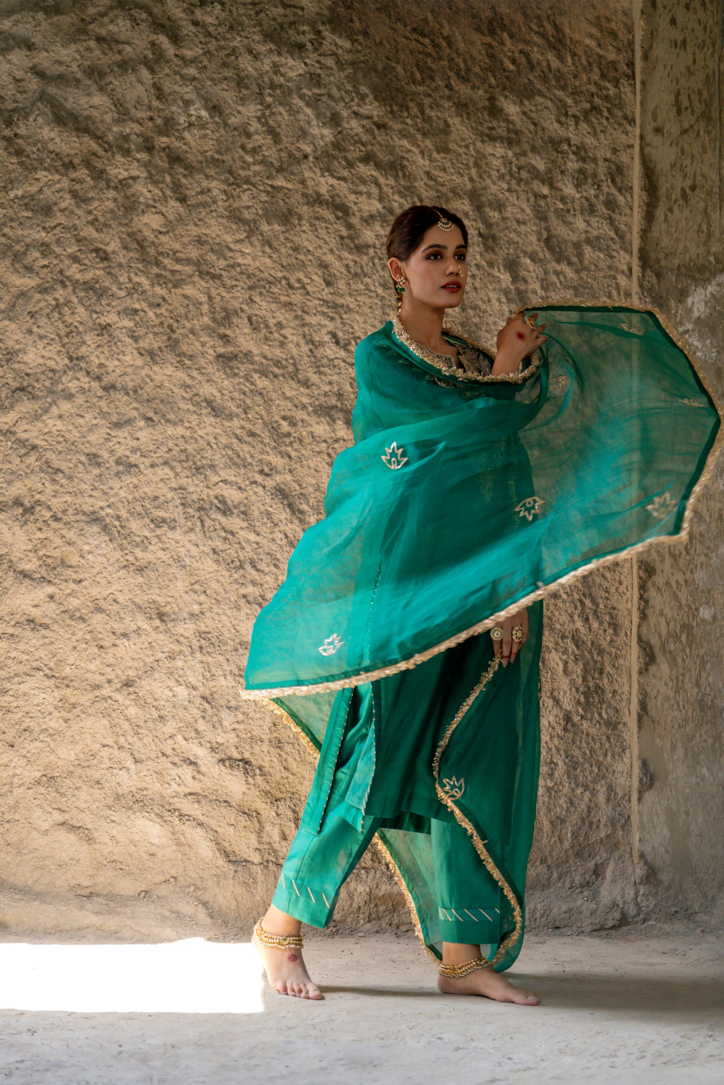 Green Silk Kurta Set with Heavy Dori and Dabka Work
