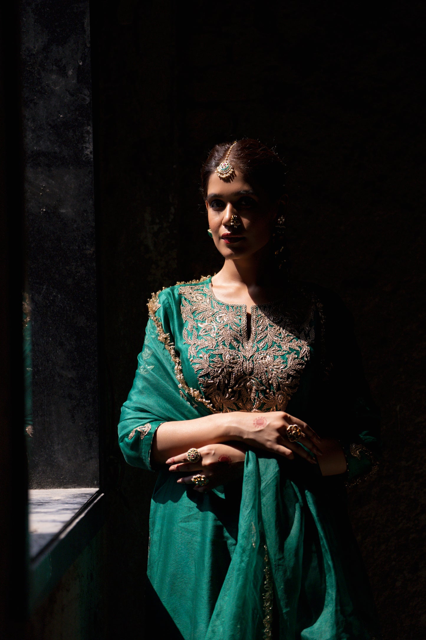 Green Silk Kurta Set with Heavy Dori and Dabka Work