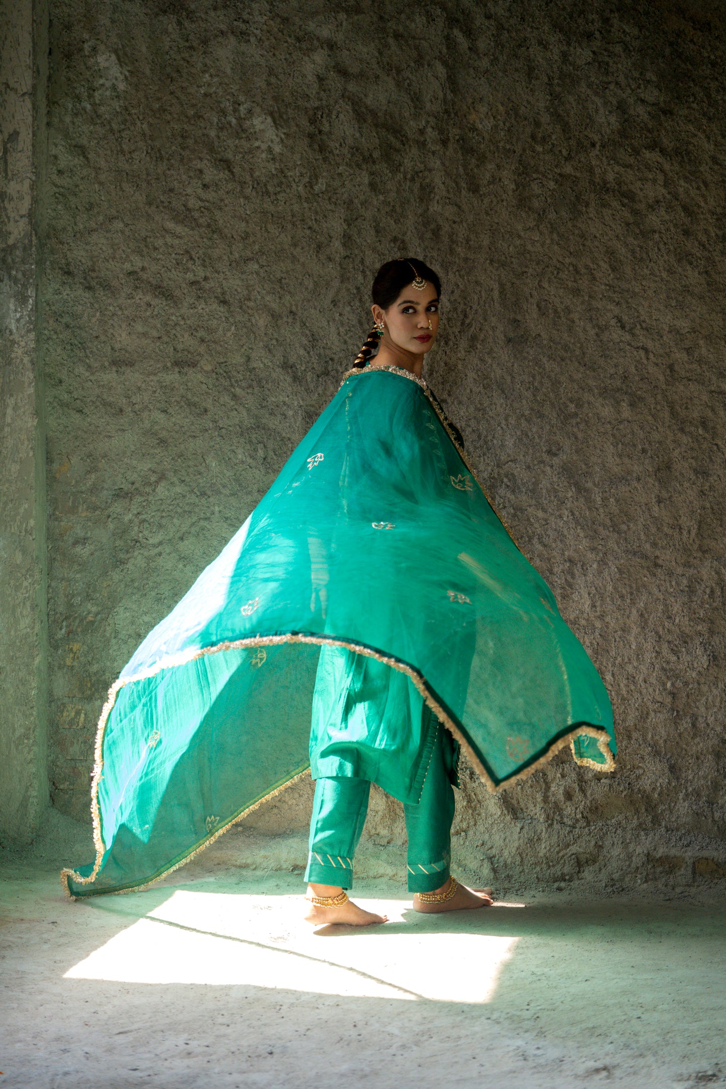 Green Silk Kurta Set with Heavy Dori and Dabka Work