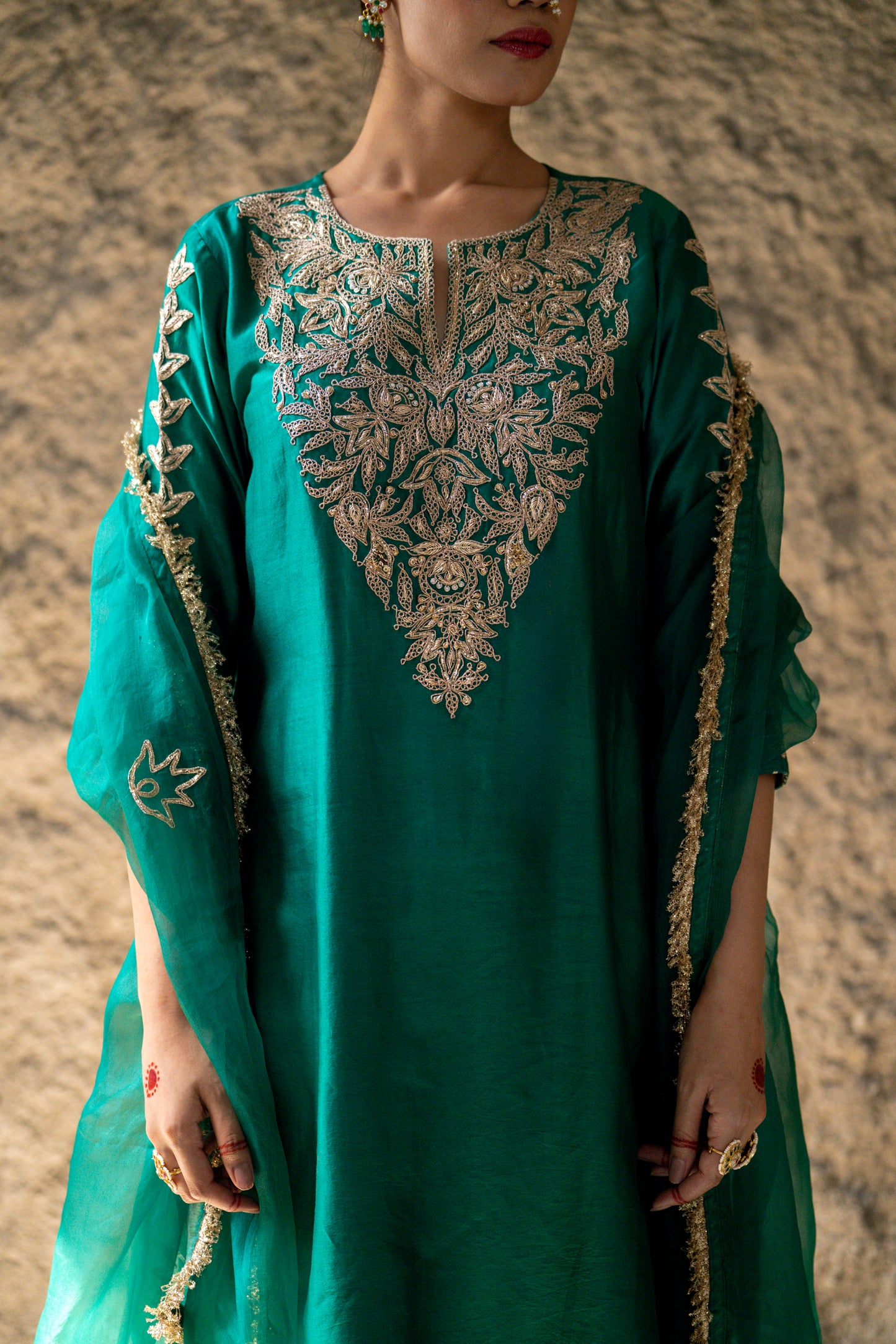 Green Silk Kurta Set with Heavy Dori and Dabka Work