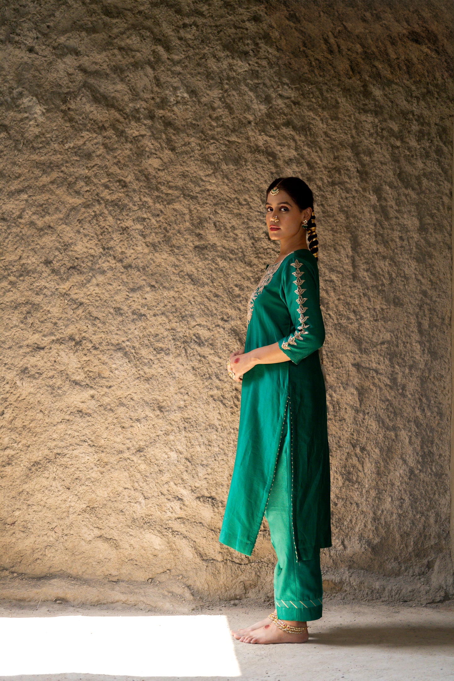 Green Silk Kurta Set with Heavy Dori and Dabka Work
