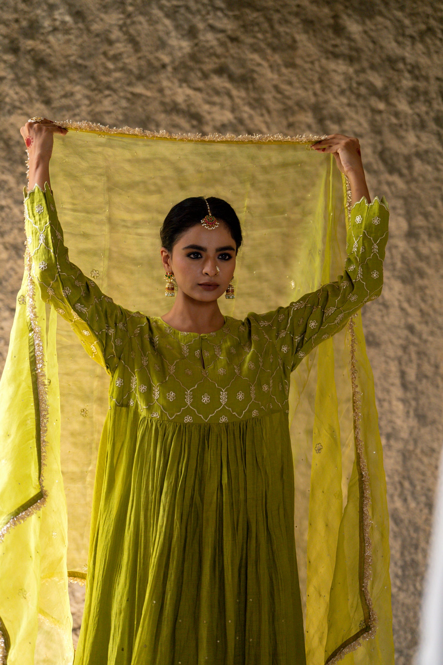 Mehendi Green High Yoke Mul Chanderi Kurta Set with gathers