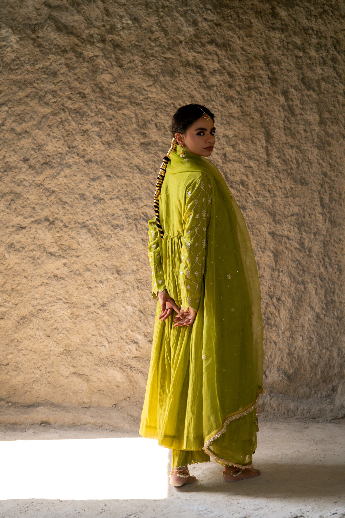 Mehendi Green High Yoke Mul Chanderi Kurta Set with gathers