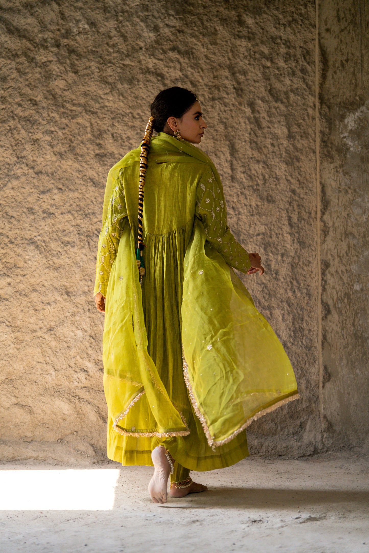 Mehendi Green High Yoke Mul Chanderi Kurta Set with gathers