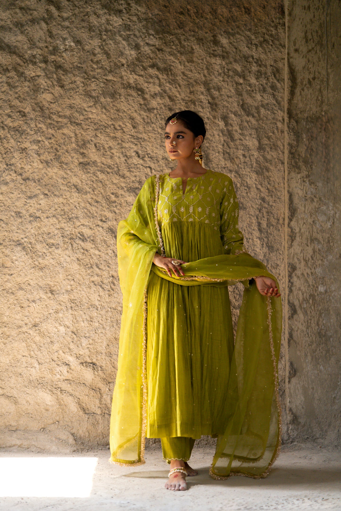 Mehendi Green High Yoke Mul Chanderi Kurta Set with gathers