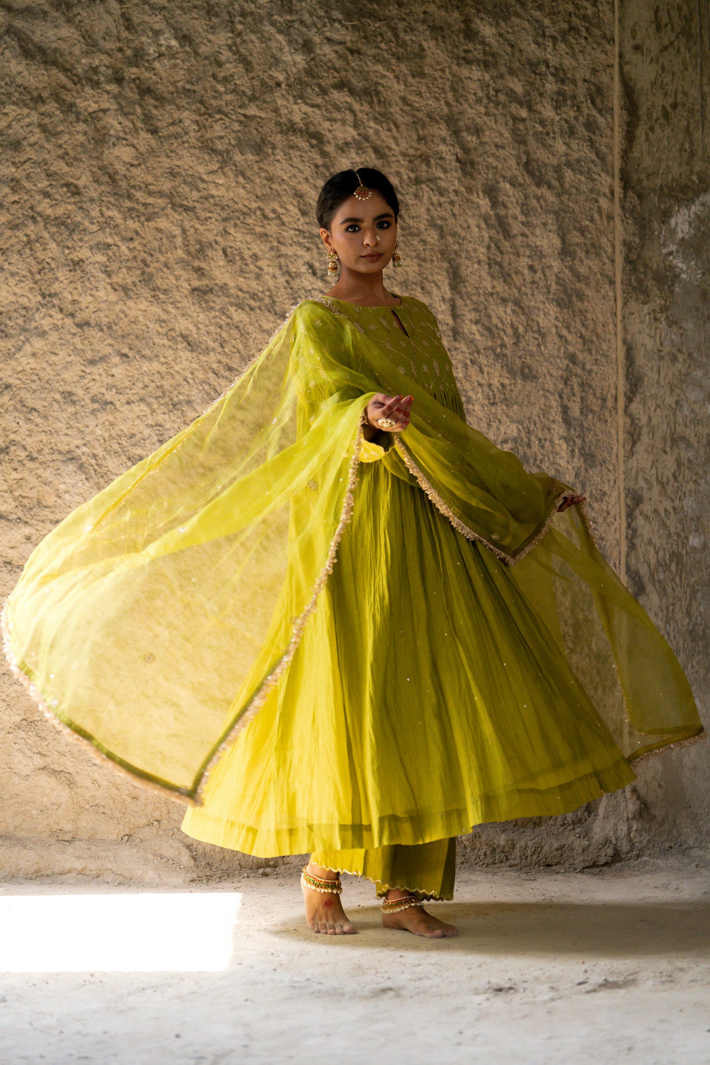 Mehendi Green High Yoke Mul Chanderi Kurta Set with gathers