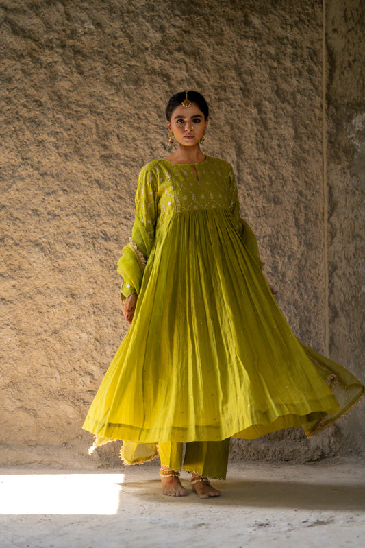Mehendi Green High Yoke Mul Chanderi Kurta Set with gathers