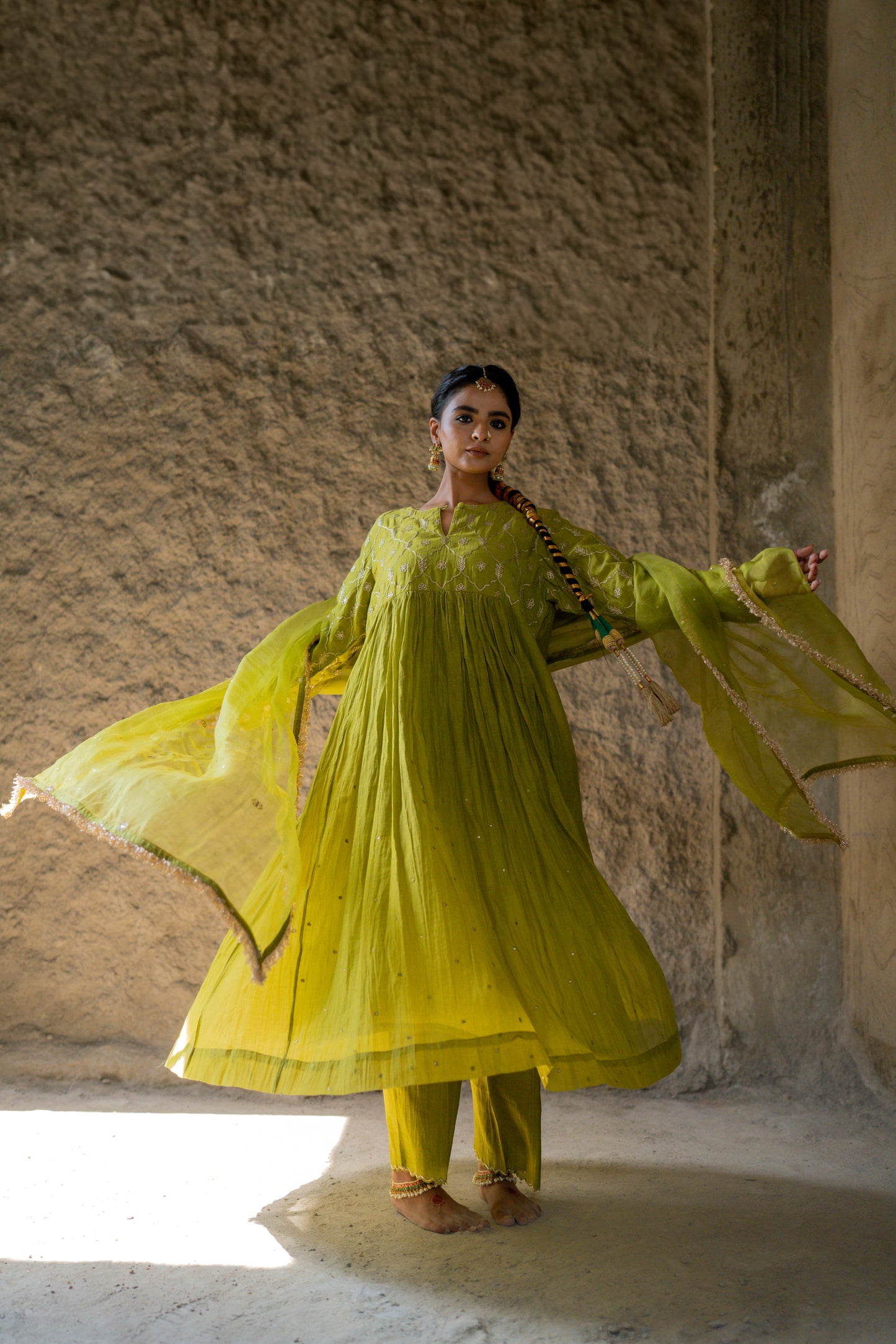 High Yoke Mul Chanderi Kurta Set with gathers