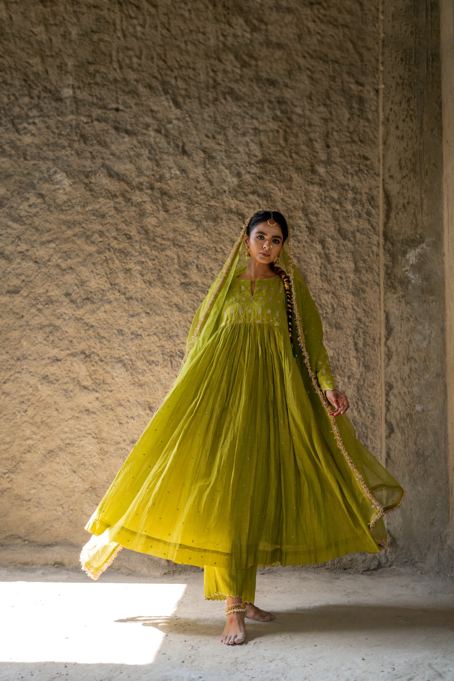 Mehendi Green High Yoke Mul Chanderi Kurta Set with gathers