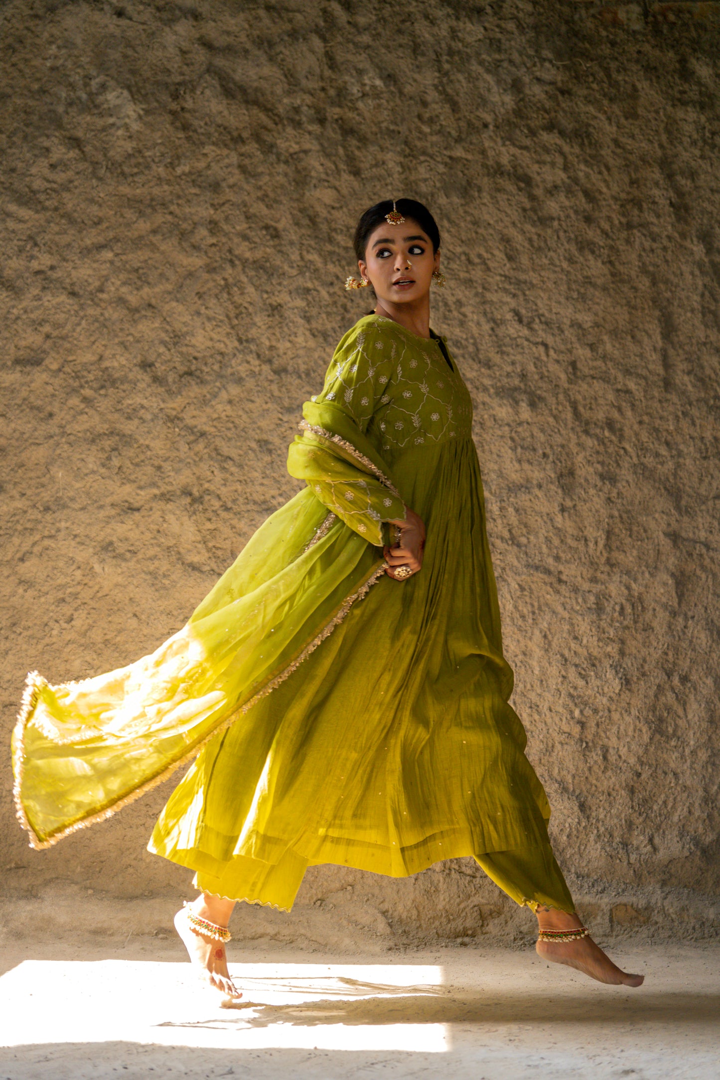 Mehendi Green High Yoke Mul Chanderi Kurta Set with gathers