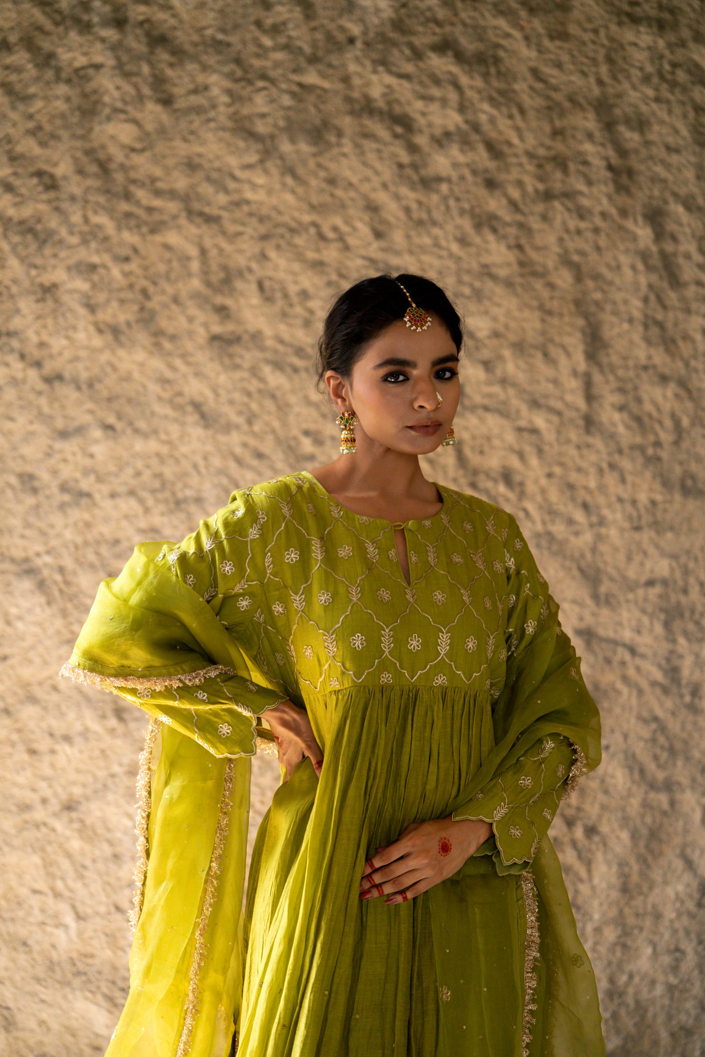 Mehendi Green High Yoke Mul Chanderi Kurta Set with gathers