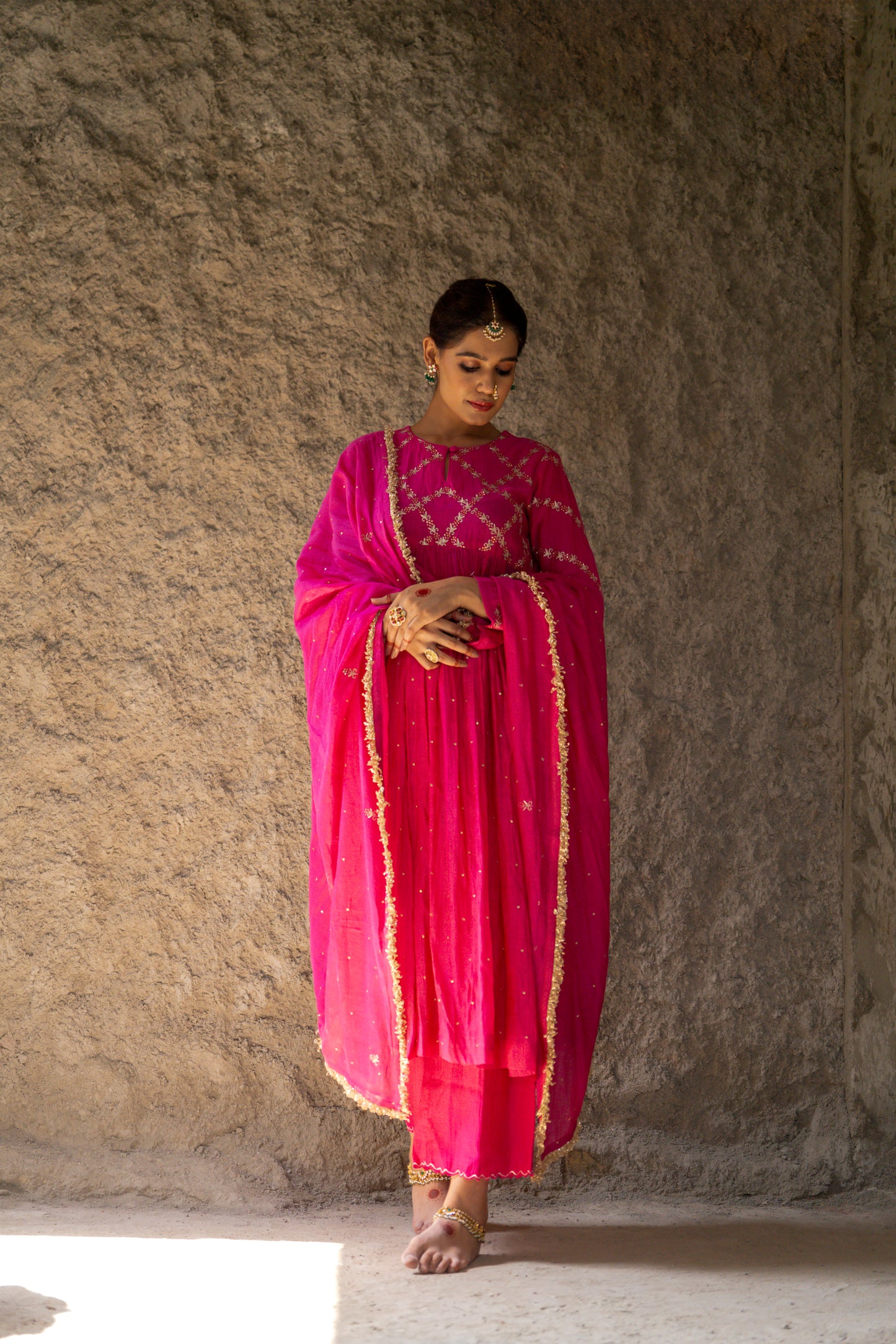 Pink High Yoke Mul Chanderi Kurta Set with gathers