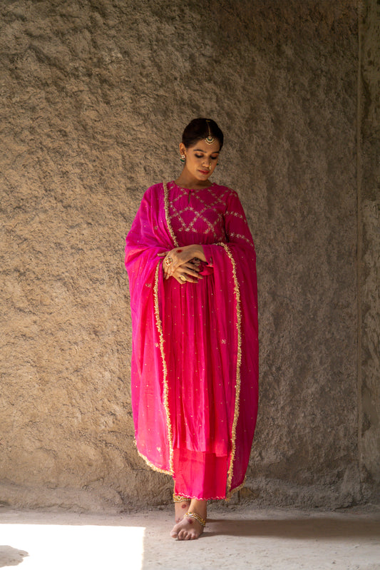 Pink High Yoke Mul Chanderi Kurta Set with gathers