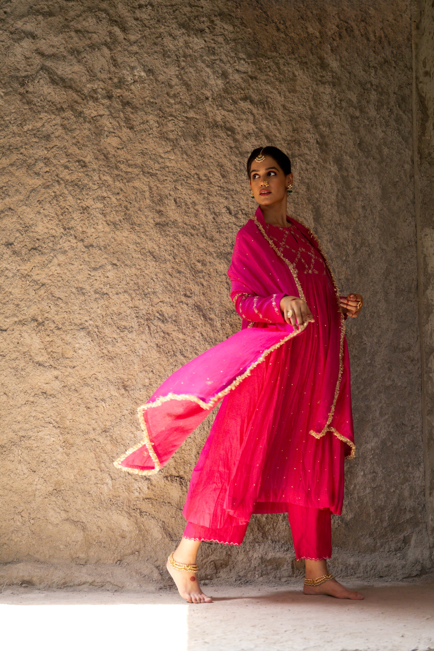Pink High Yoke Mul Chanderi Kurta Set with gathers
